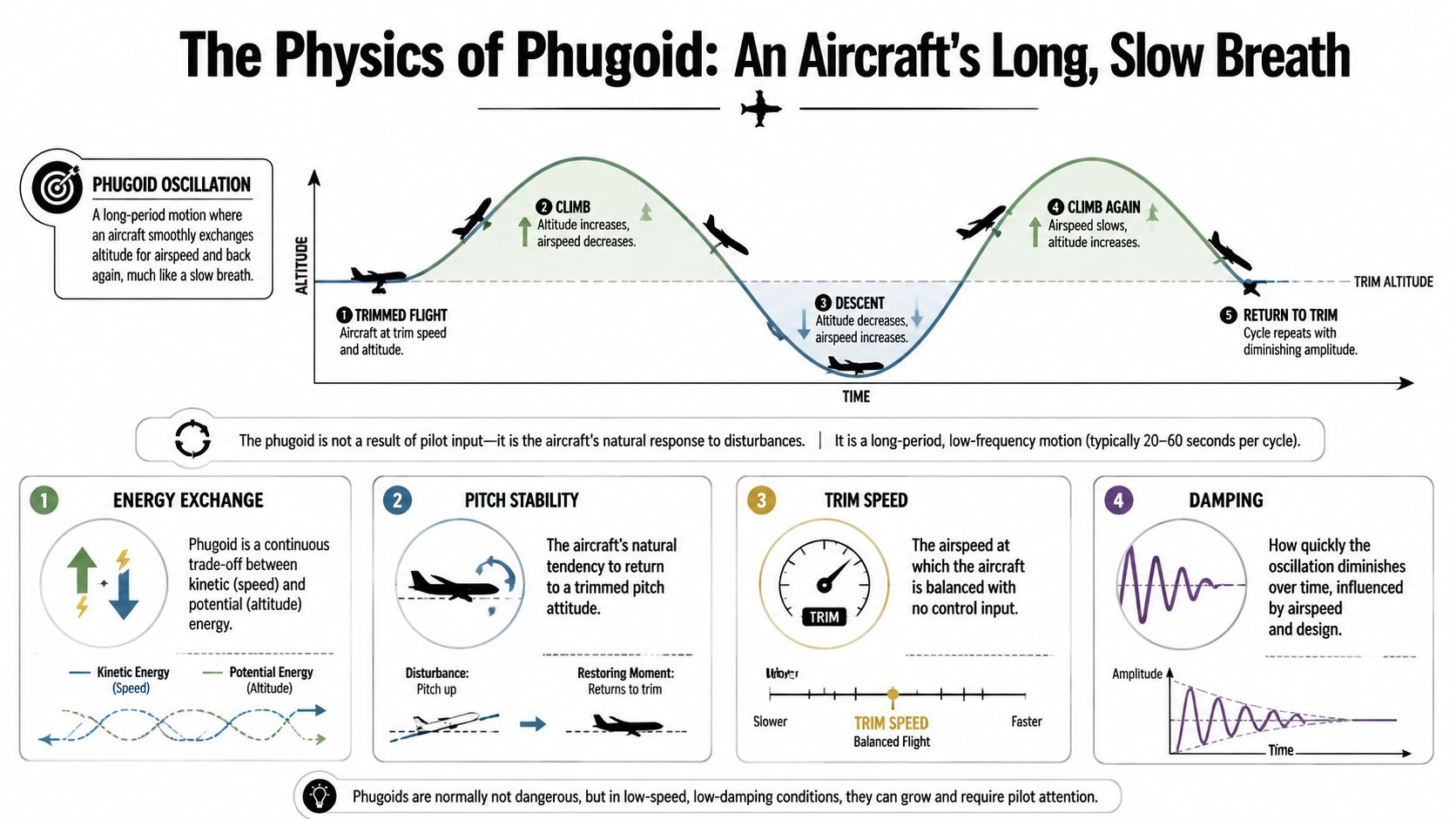 Phugoid Oscillation: A Pilot's Guide to Aircraft Stability 3 An infographic diagram explaining the physics of phugoid oscillation in aircraft flight mechanics.