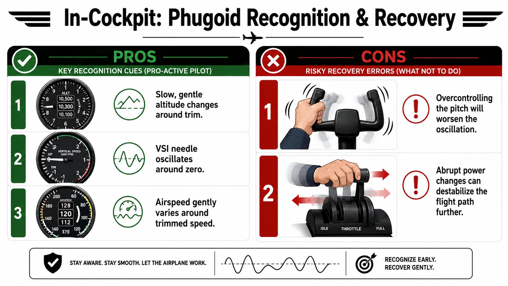 Phugoid Oscillation: A Pilot's Guide to Aircraft Stability 4 An infographic detailing the recognition and recovery procedures for phugoid oscillations during flight in a cockpit.