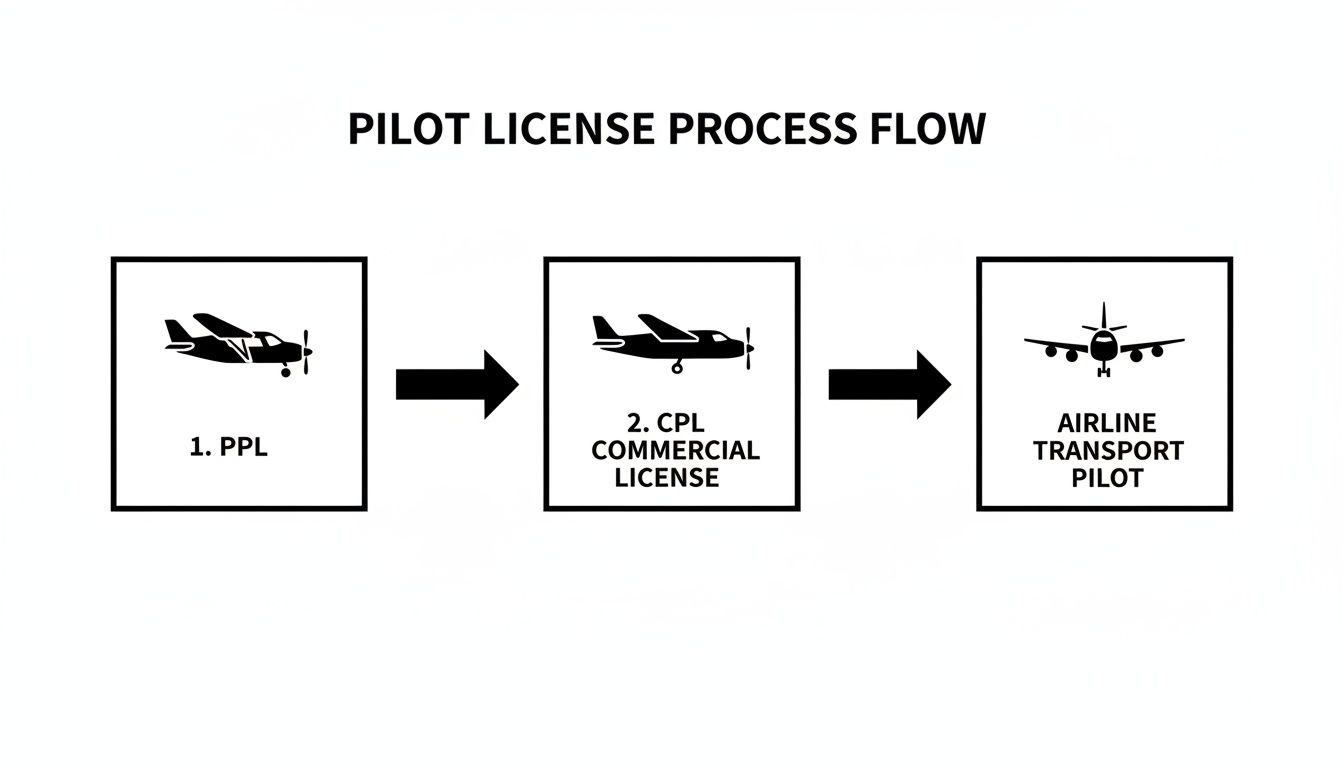 Your Guide to Pilot License Requirements 2 Flowchart detailing the pilot license progression from Private Pilot (PPL) to Commercial (CPL) and Airline Transport Pilot.