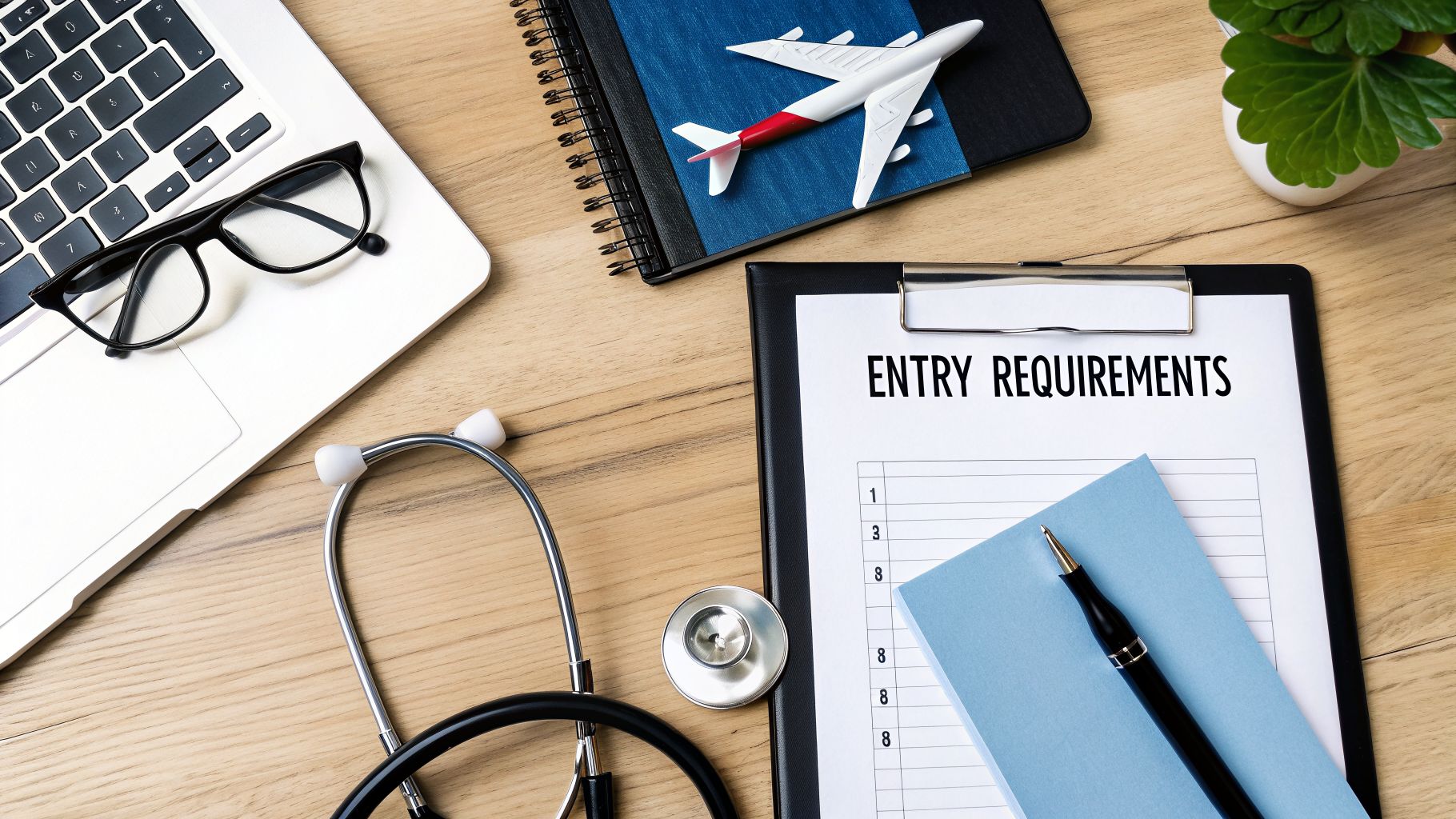 Your Guide to Pilot License Requirements 3 Flat lay showing a laptop, stethoscope, airplane toy, and clipboard with 'ENTRY REQUIREMENTS'.