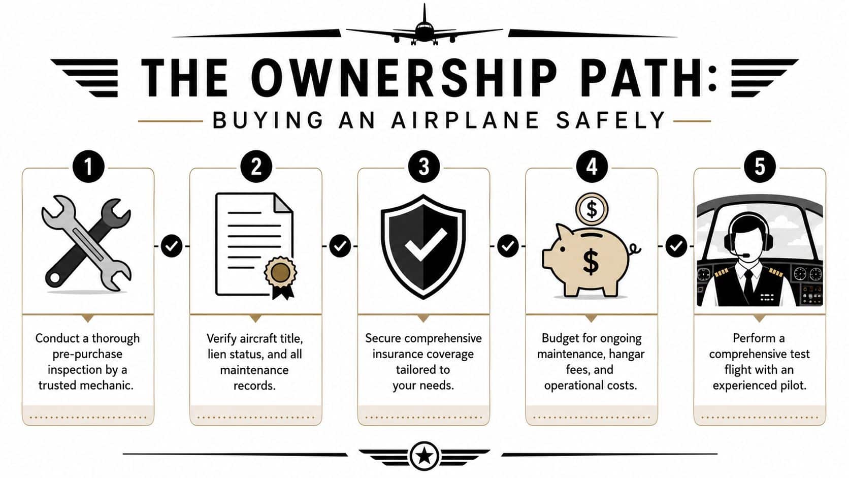 Pilots Time Building: The Ultimate 2026 Guide 4 An infographic titled The Ownership Path detailing five essential steps for safely purchasing an airplane.