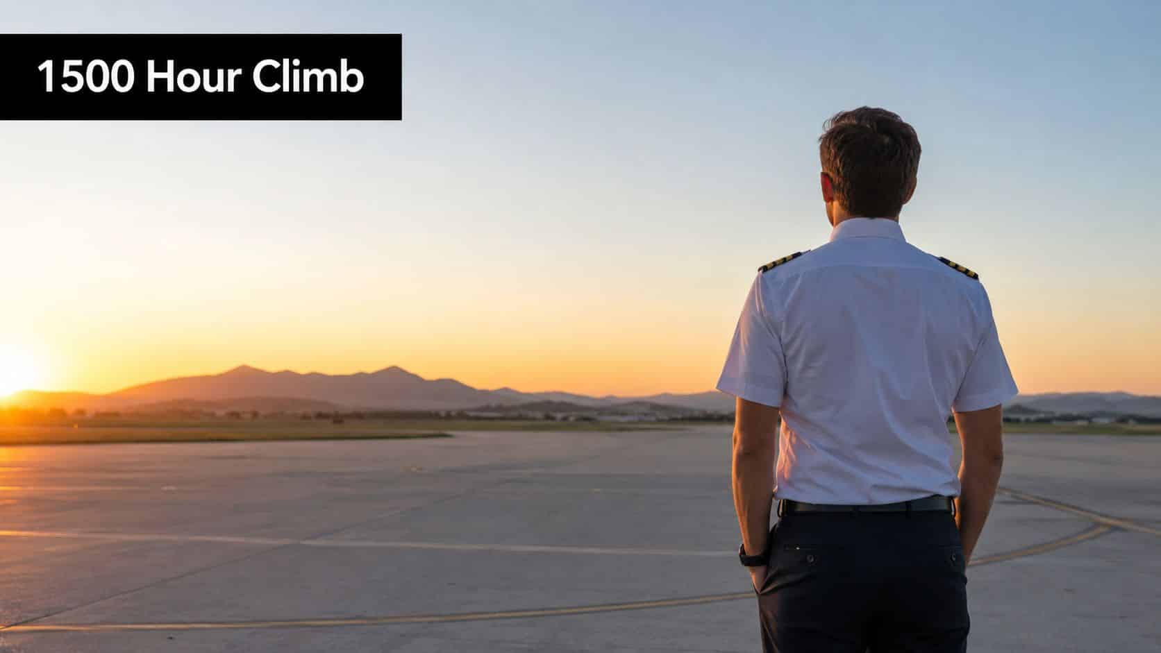 Pilots Time Building: The Ultimate 2026 Guide 2 A pilot standing on an airfield runway looking toward a distant mountain range at sunset.