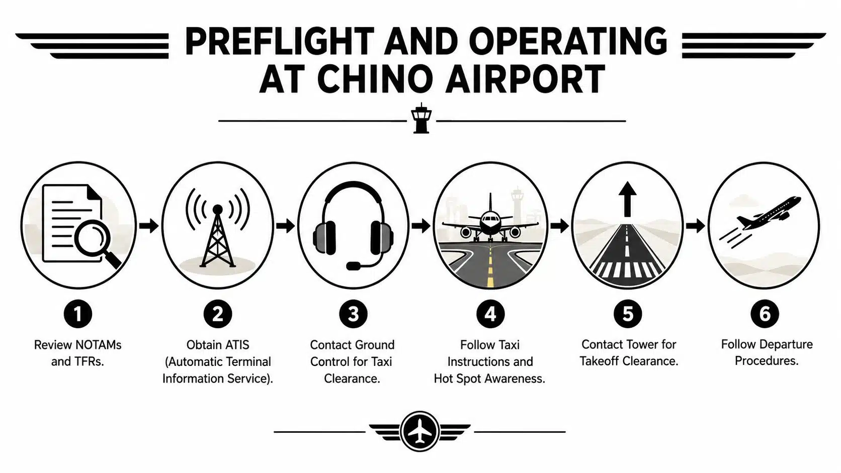 Piper Archer Rental Near Me: Your Guide to KCNO Flying 3 An infographic illustrating six preflight and operating steps for pilots at Chino Airport in California.