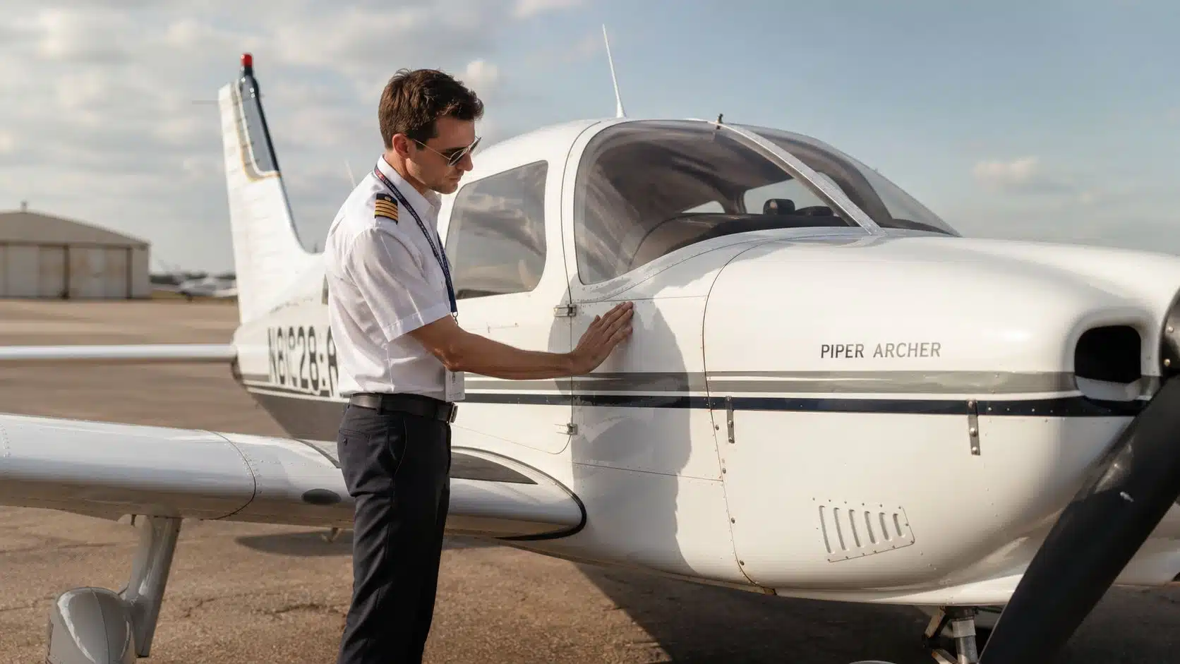 Piper Archer Rental Near Me: Your Guide to KCNO Flying 5 A professional pilot performing a pre-flight inspection of a white Piper Archer aircraft on a sunny day.