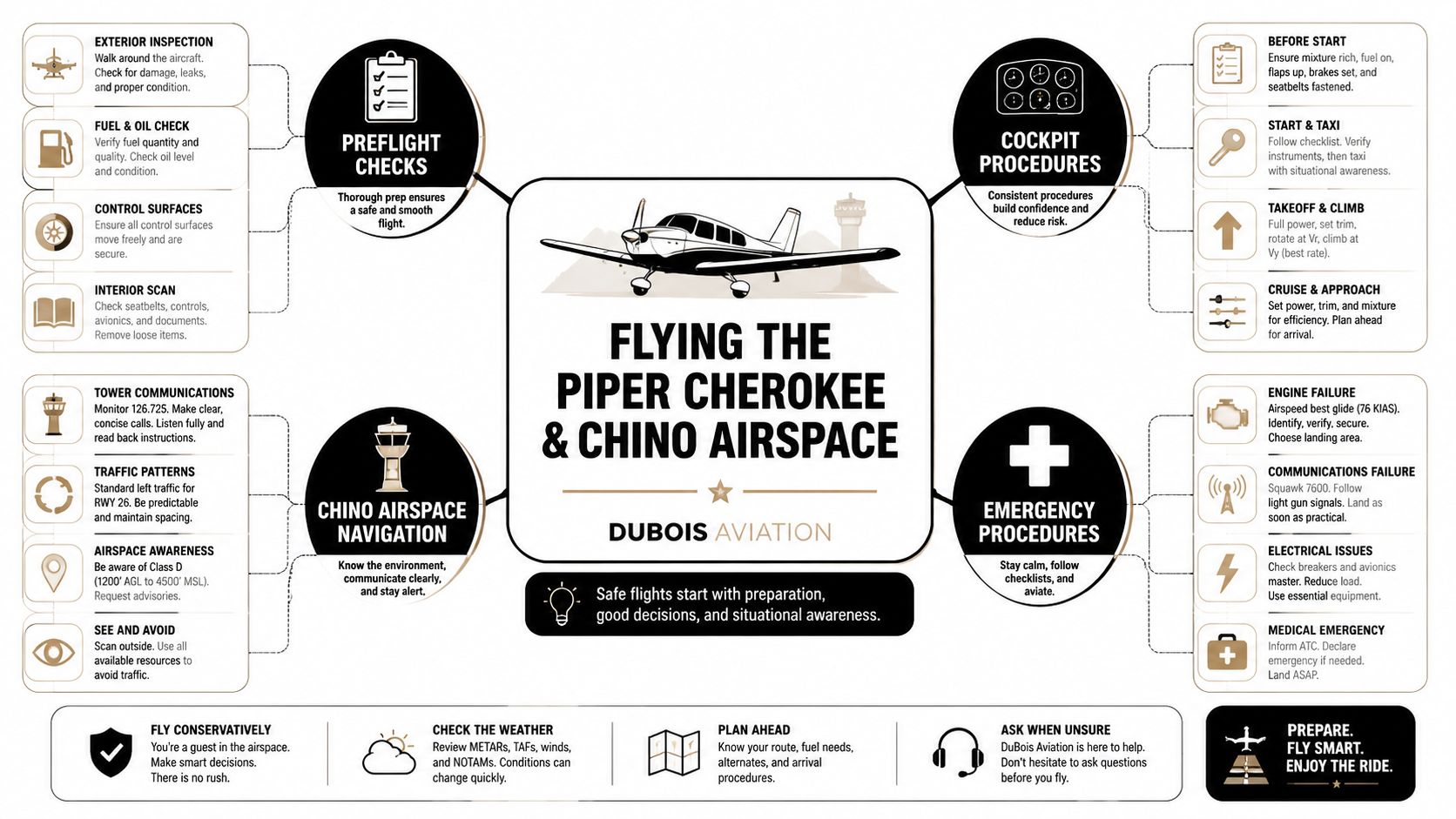Piper Rental at DuBois: A Complete Chino Airport Guide 4 A comprehensive infographic guide for flying a Piper Cherokee and navigating Chino airport airspace safely.