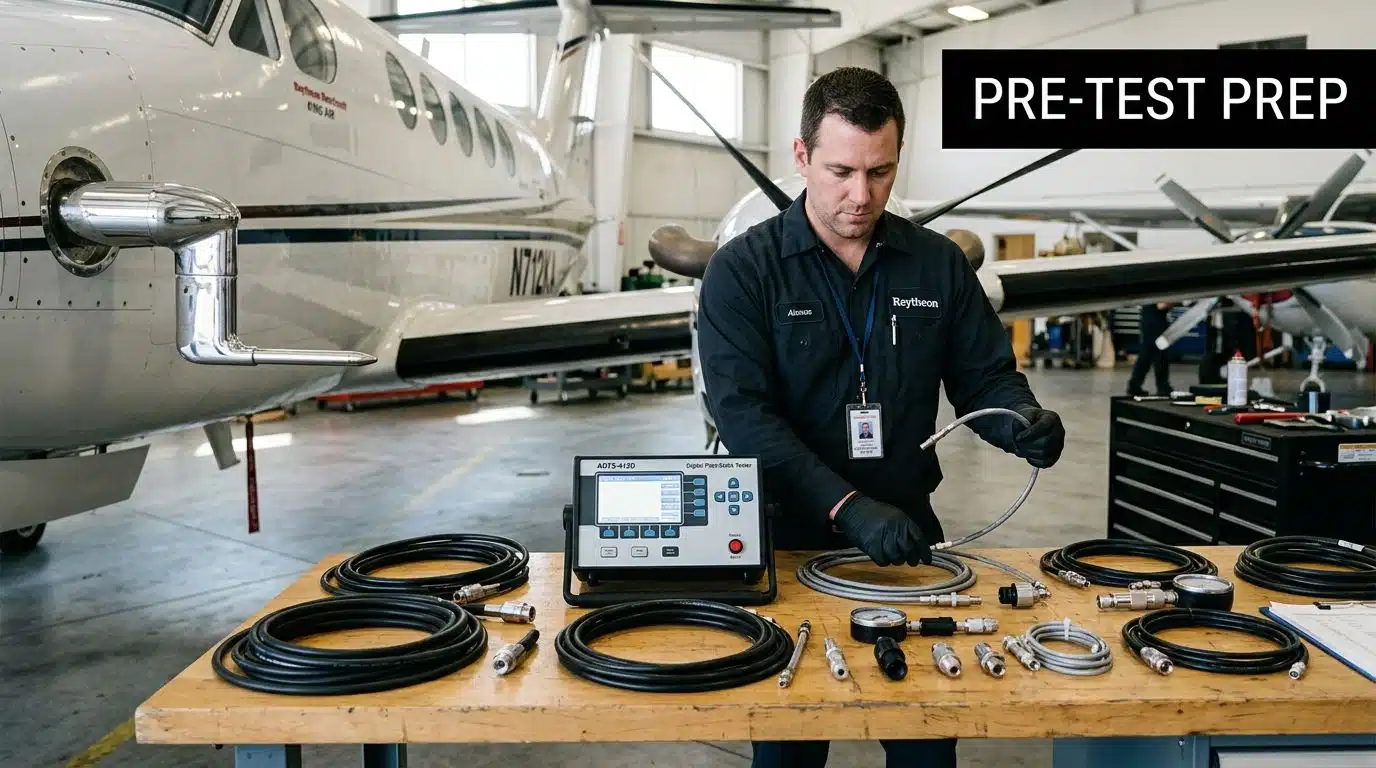 Pitot Static System Testing: A Pilot's How-To Guide 2 A technician prepares aircraft pitot static testing equipment on a wooden table inside a maintenance hangar.