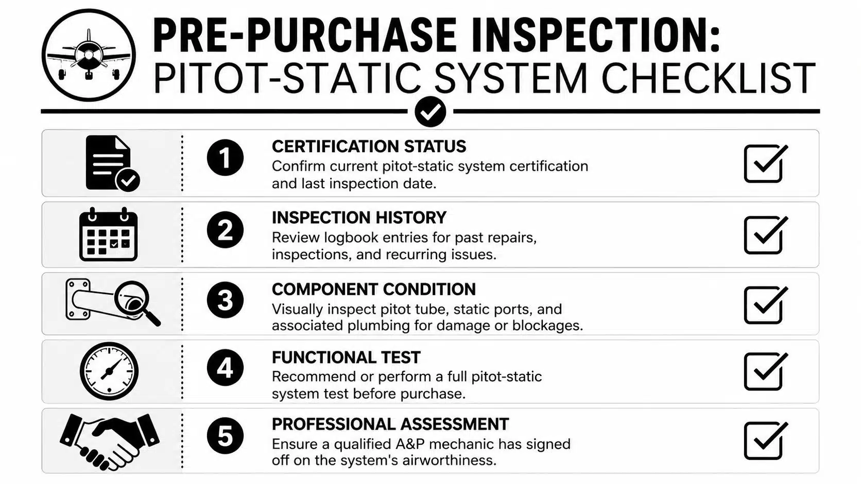 Pitot Static System Testing: A Pilot's How-To Guide 5 A checklist for a pre-purchase inspection of an aircraft pitot-static system containing five detailed steps.