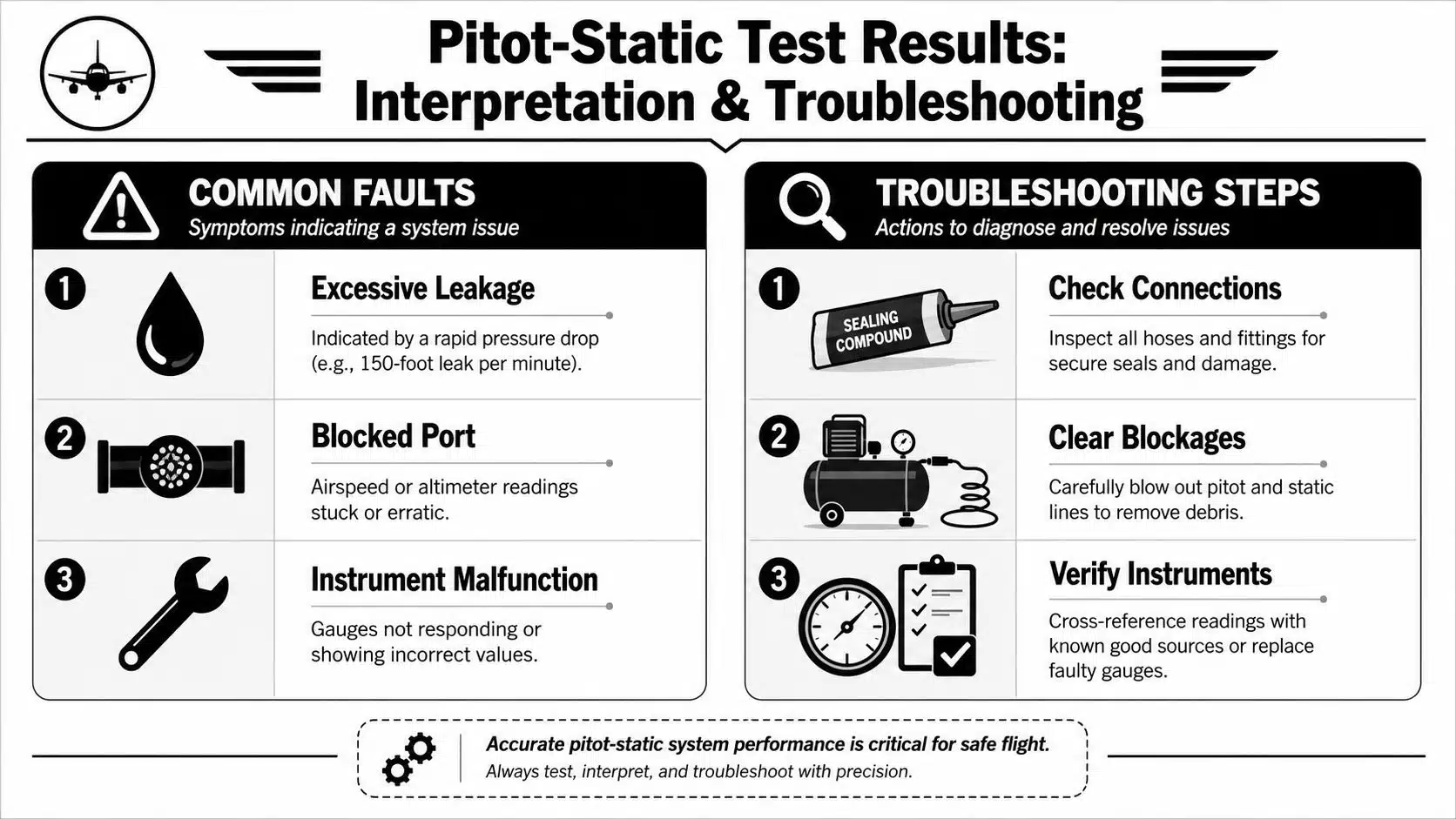 Pitot Static System Testing: A Pilot's How-To Guide 4 An infographic detailing common faults and troubleshooting steps for aircraft pitot-static system testing and maintenance procedures.