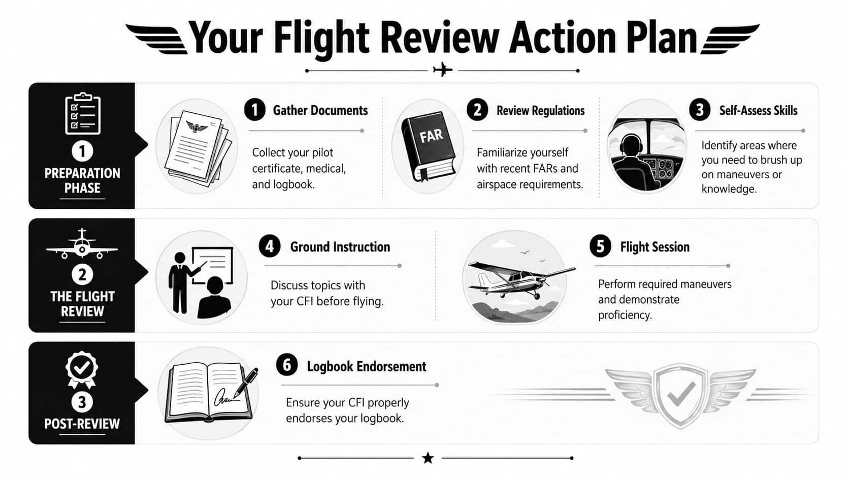 Private Pilot License Renewal: 2026 FAA Flight Review Guide 3 An infographic titled Your Flight Review Action Plan outlining the three-stage process for pilot license renewal.