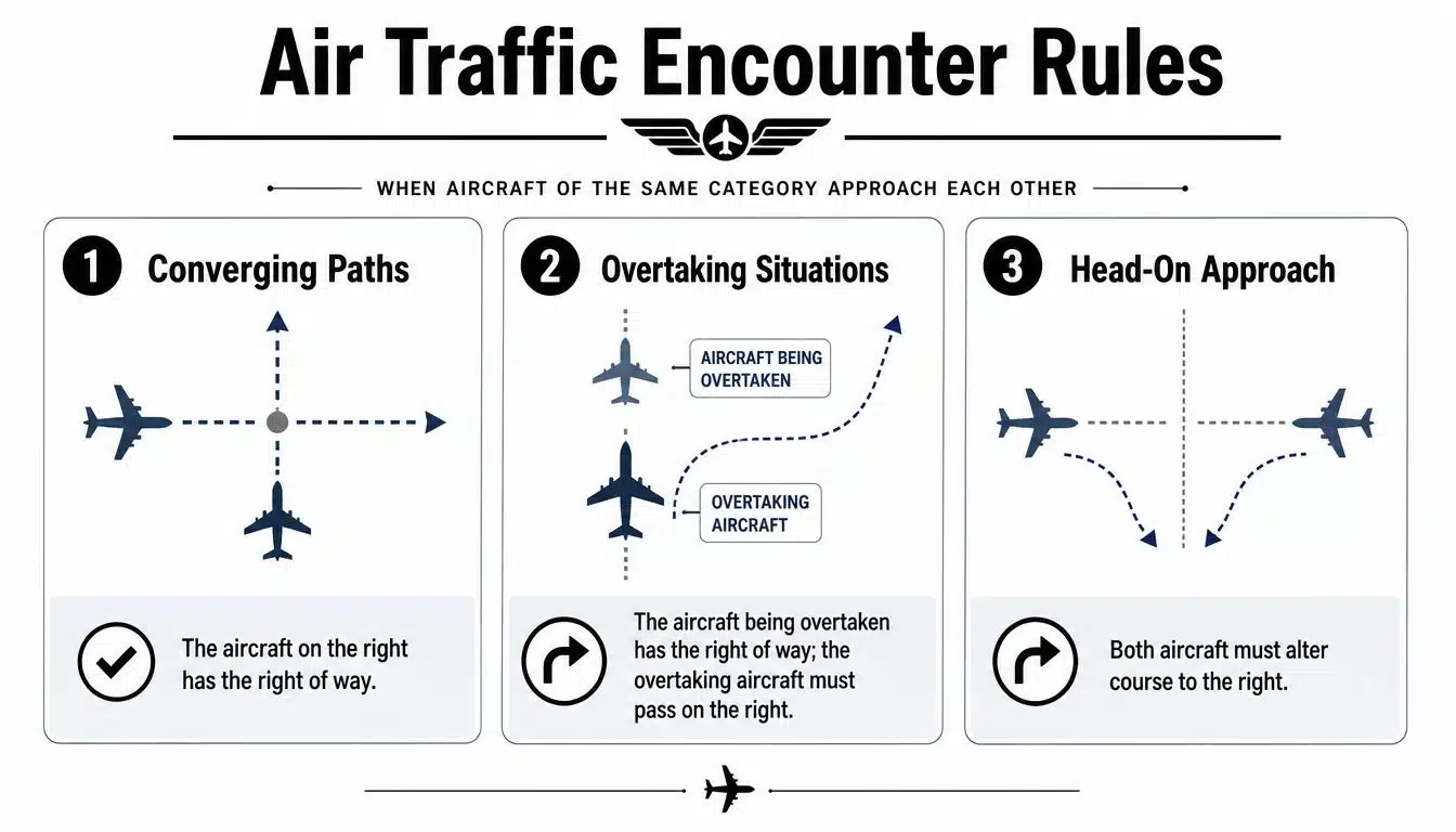 Aircraft Right of Way Rules: A Pilot's Complete Guide 3 An infographic illustrating standard air traffic right of way rules for converging, overtaking, and head-on aircraft approaches.