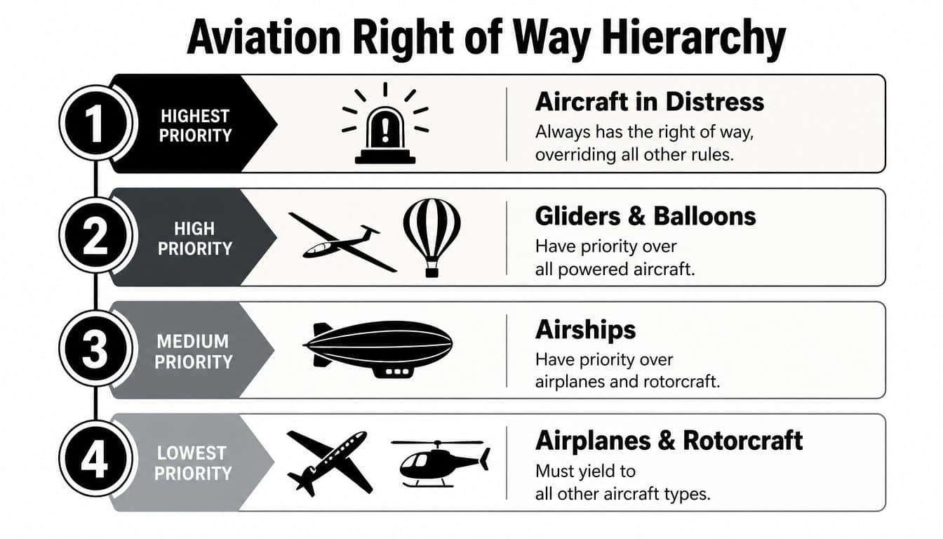 Aircraft Right of Way Rules: A Pilot's Complete Guide 2 A chart showing the aviation right of way hierarchy from distress to powered aircraft priority levels.