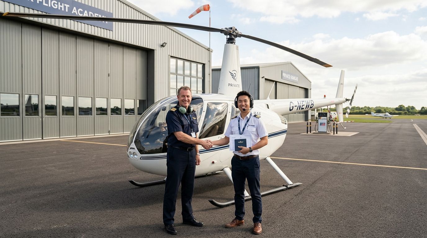 Robinson Helicopter Training: A Pilot's Complete Roadmap 4 A flight instructor shakes hands with a pilot student in front of a Robinson R44 helicopter.