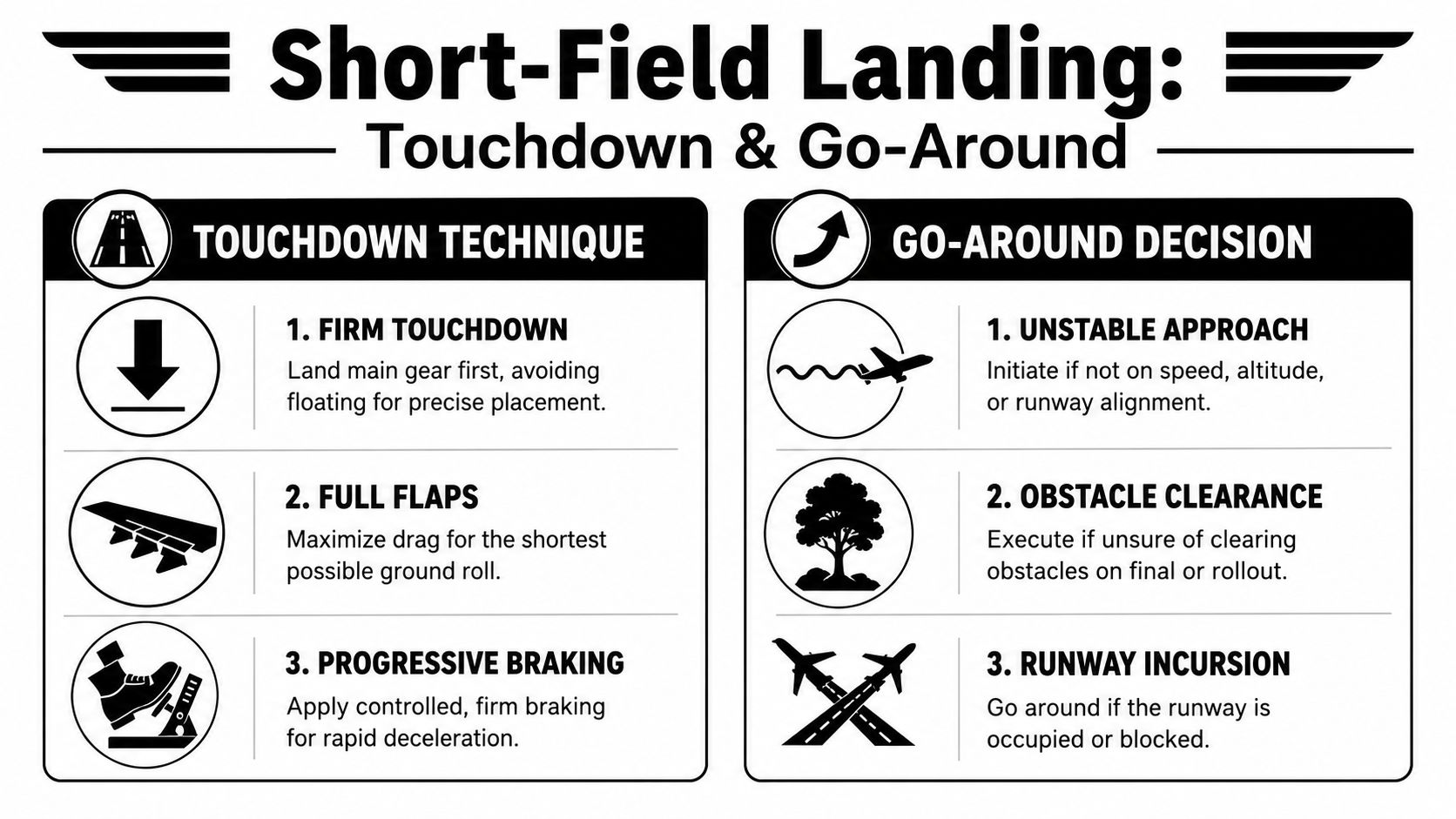 Short Field Landing Technique: A Pilot's Essential Guide 4 A chart illustrating technical steps for a short field landing and reasons to execute a go-around maneuver.