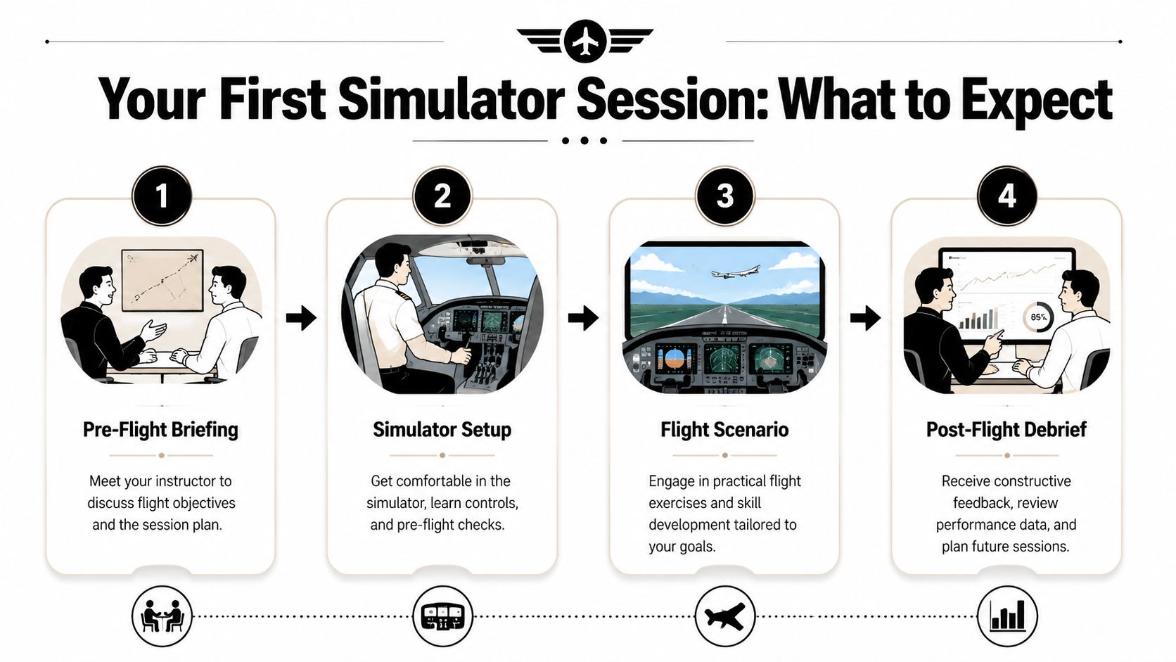 Simulator Training Center a Pilot's Essential Guide 3 A four-step infographic illustrating the progression of a pilot's first simulator session, from briefing to debriefing.