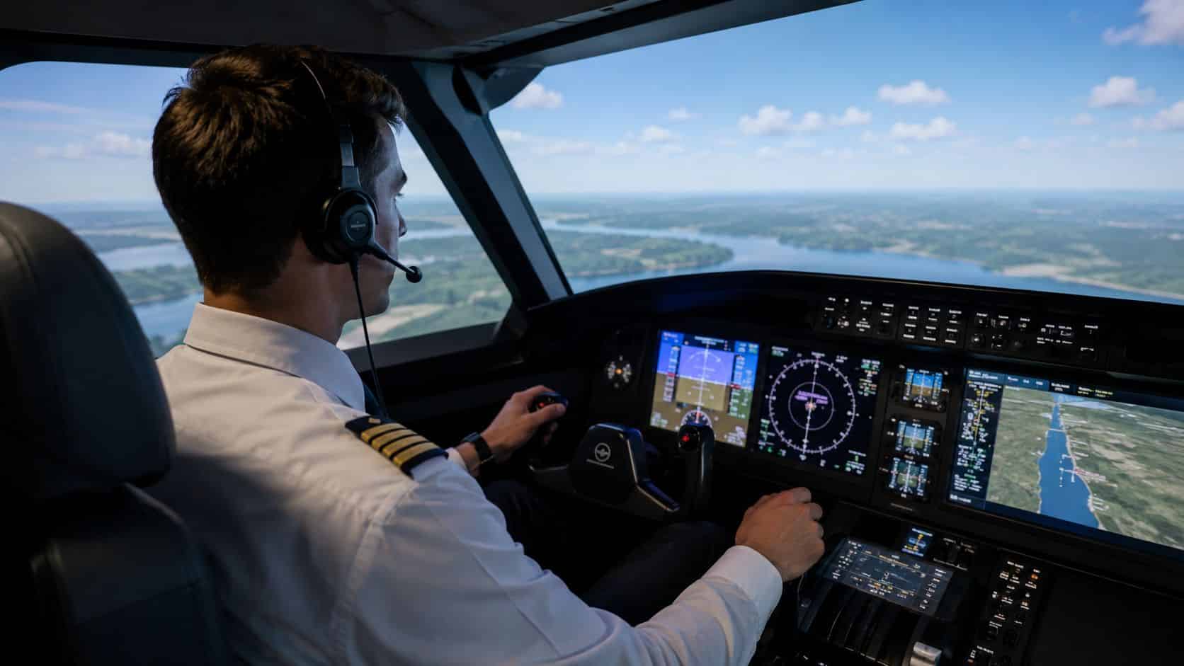 Simulator Training Center a Pilot's Essential Guide 2 A pilot wearing a headset operating a professional flight simulator with a scenic landscape view on screen.