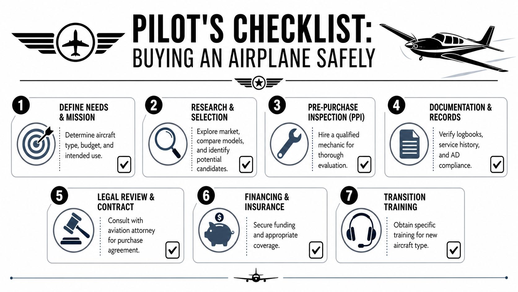 Mastering Single Pilot Resource Management: A Pilot's Guide 5 A structured seven-step checklist for buying an airplane safely, guiding pilots through necessary purchase and ownership steps.