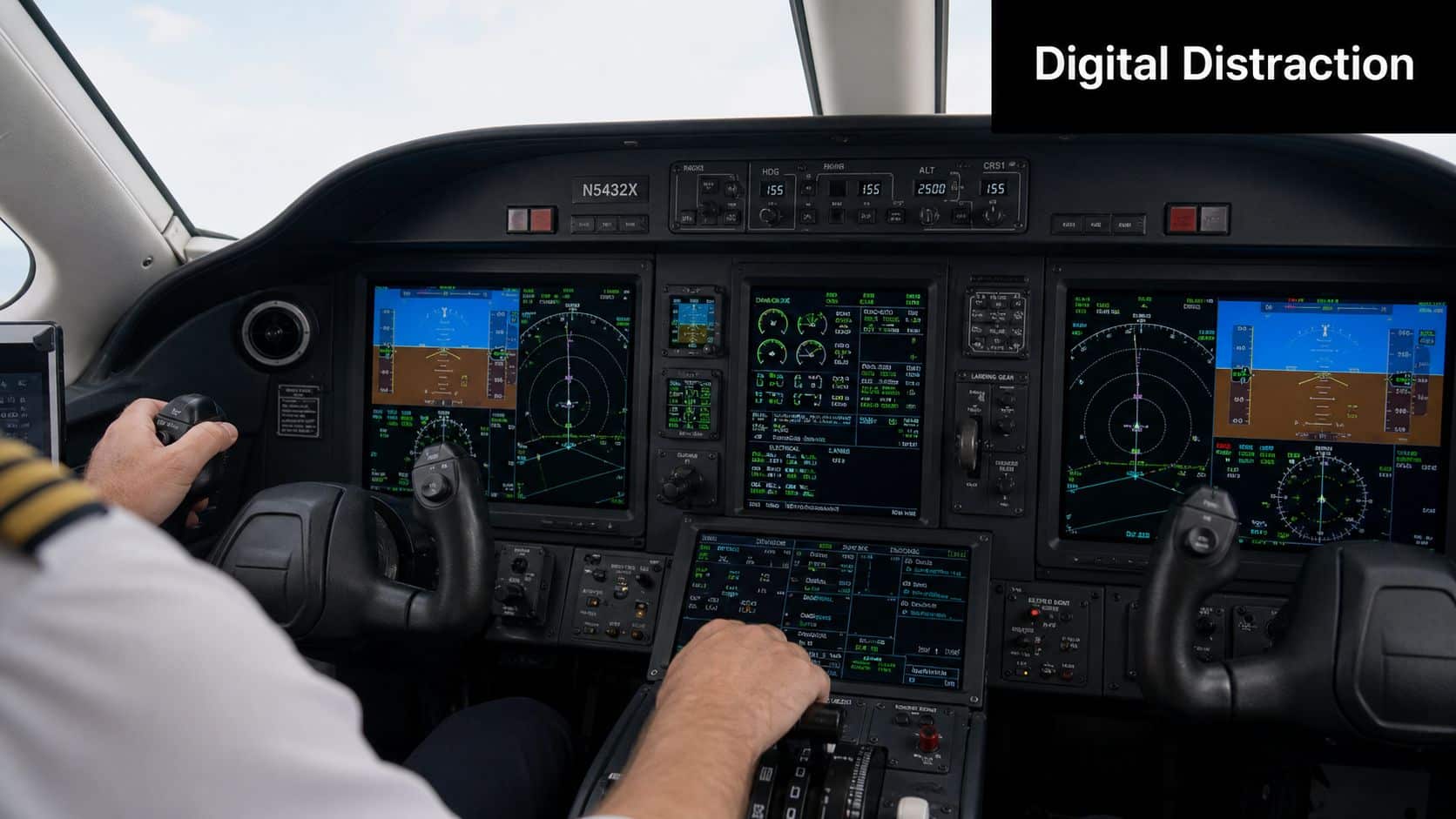 Mastering Single Pilot Resource Management: A Pilot's Guide 3 A commercial pilot navigating an airplane cockpit while using digital flight instruments and navigation controls.