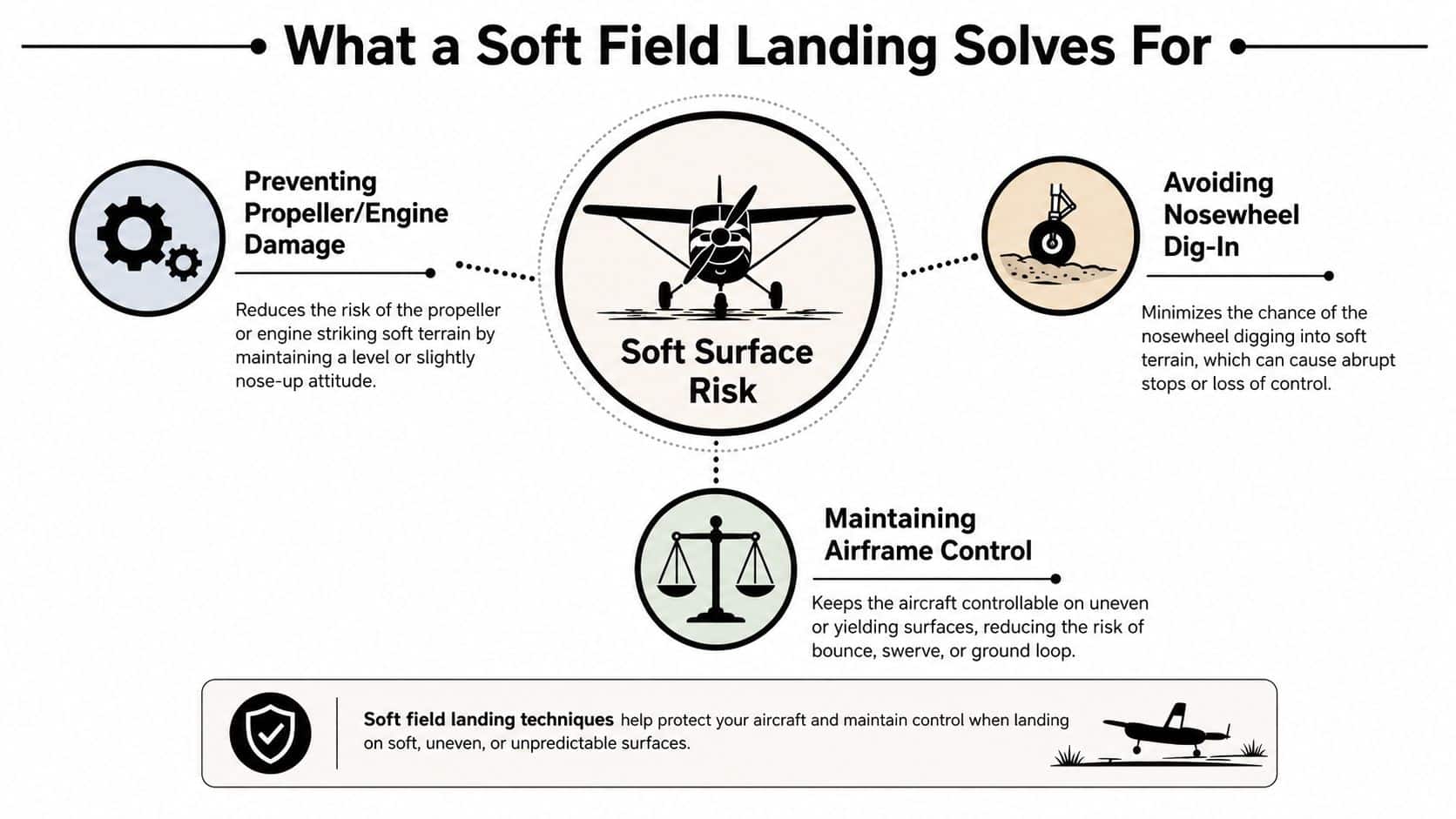 Soft Field Landing Technique: A Pilot's Guide 2 An infographic showing how soft field landing techniques reduce engine, propeller, and nosewheel damage while maintaining control.
