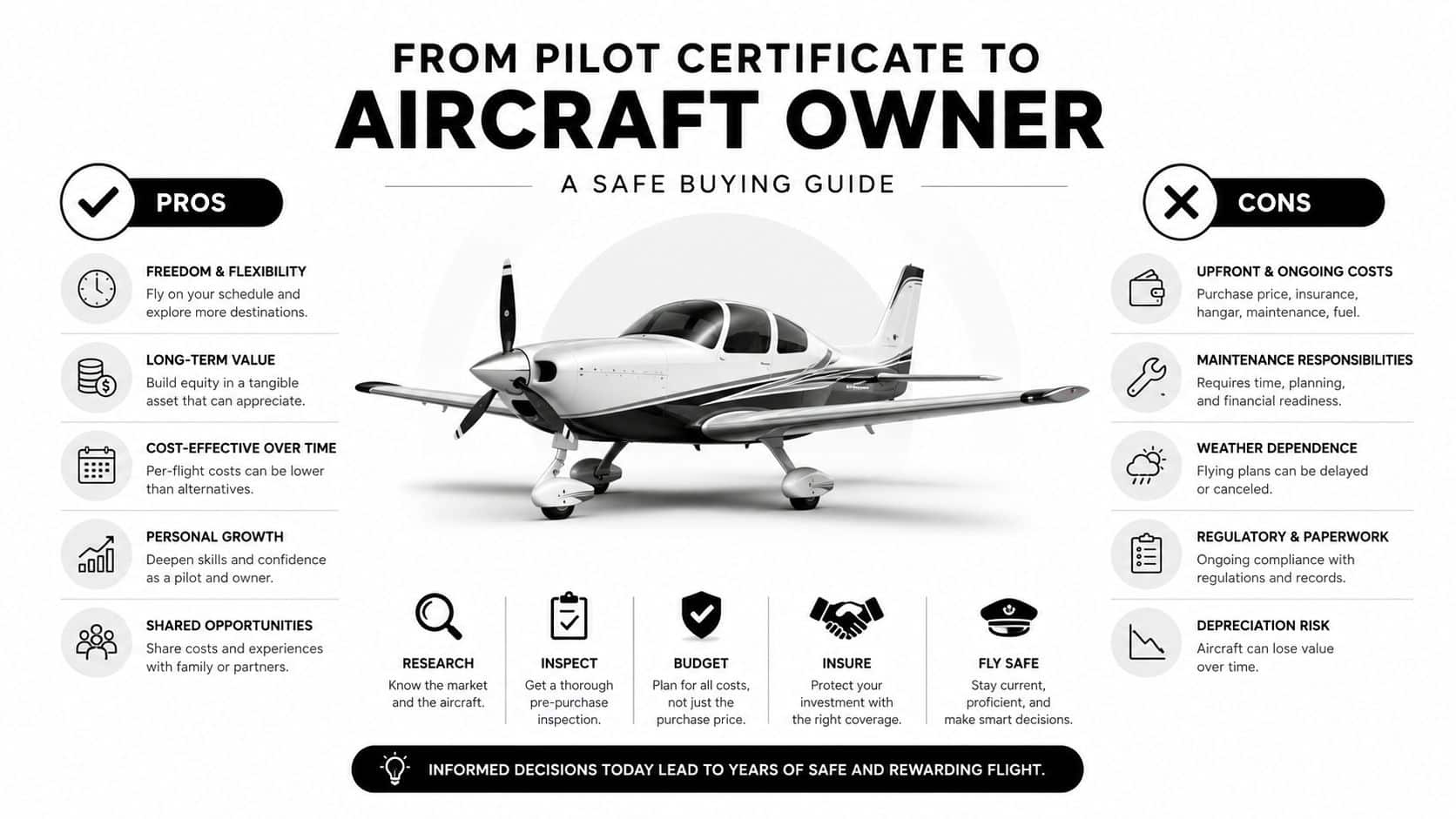 Elevate Flight School Student Progress Tracking 5 An infographic titled From Pilot Certificate to Aircraft Owner outlining pros, cons, and safe buying steps.