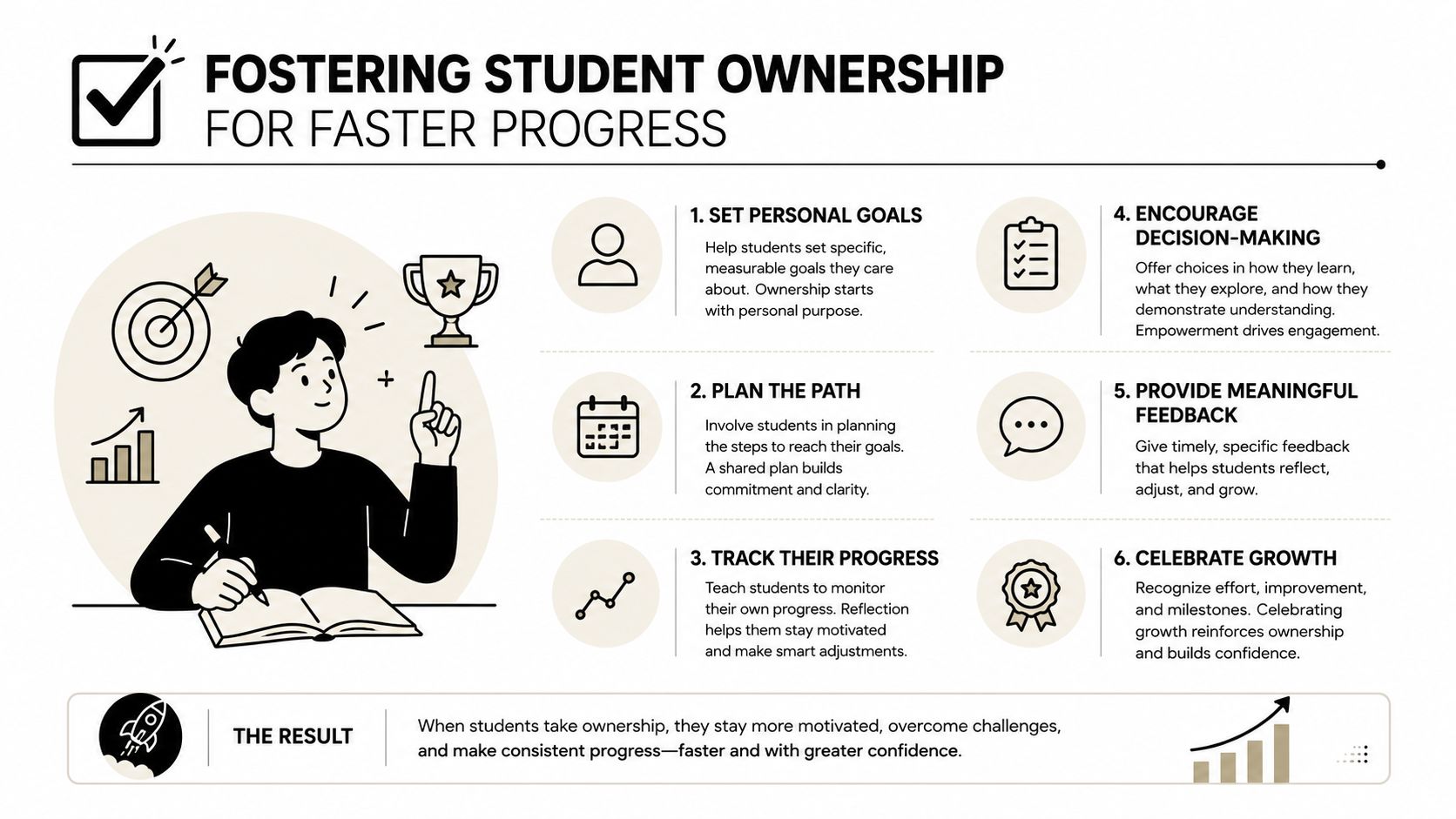 Elevate Flight School Student Progress Tracking 4 An infographic detailing six steps to foster student ownership to improve their academic progress and confidence.