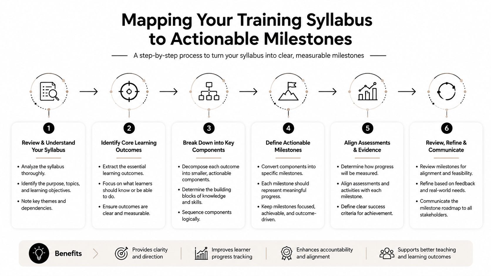 Elevate Flight School Student Progress Tracking 2 A six-step infographic illustrating a process for mapping a training syllabus to clear and actionable milestones.