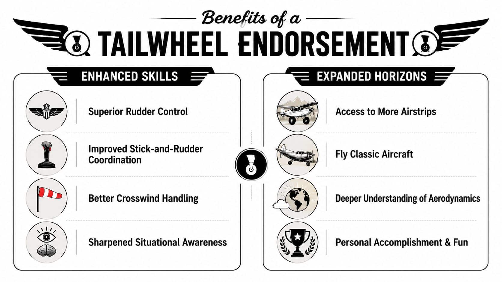 Tailwheel Endorsement: A Pilot's Guide to Earning It 2 An infographic detailing the various skills and benefits gained from earning a pilot tailwheel endorsement.