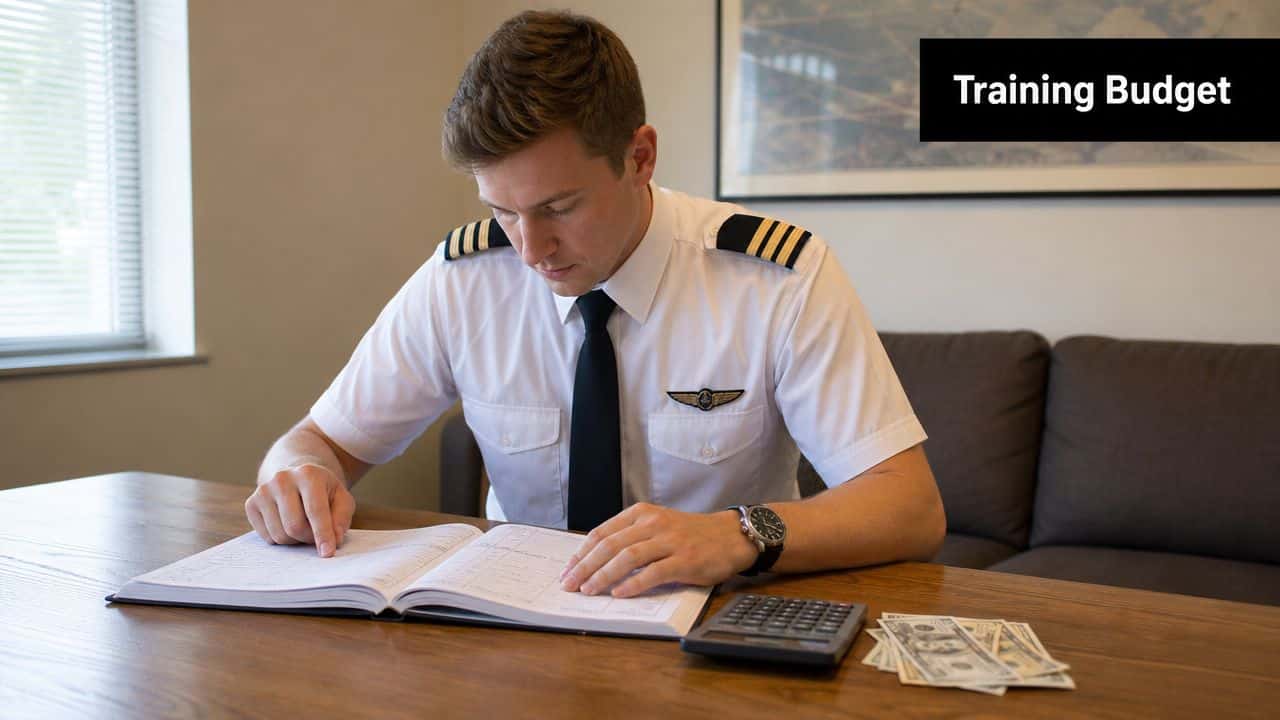 Tailwheel Endorsement Near Me: Your 2026 Chino Area Guide 4 A commercial airline pilot reviewing logbook documentation and financial calculations on a wooden desk.