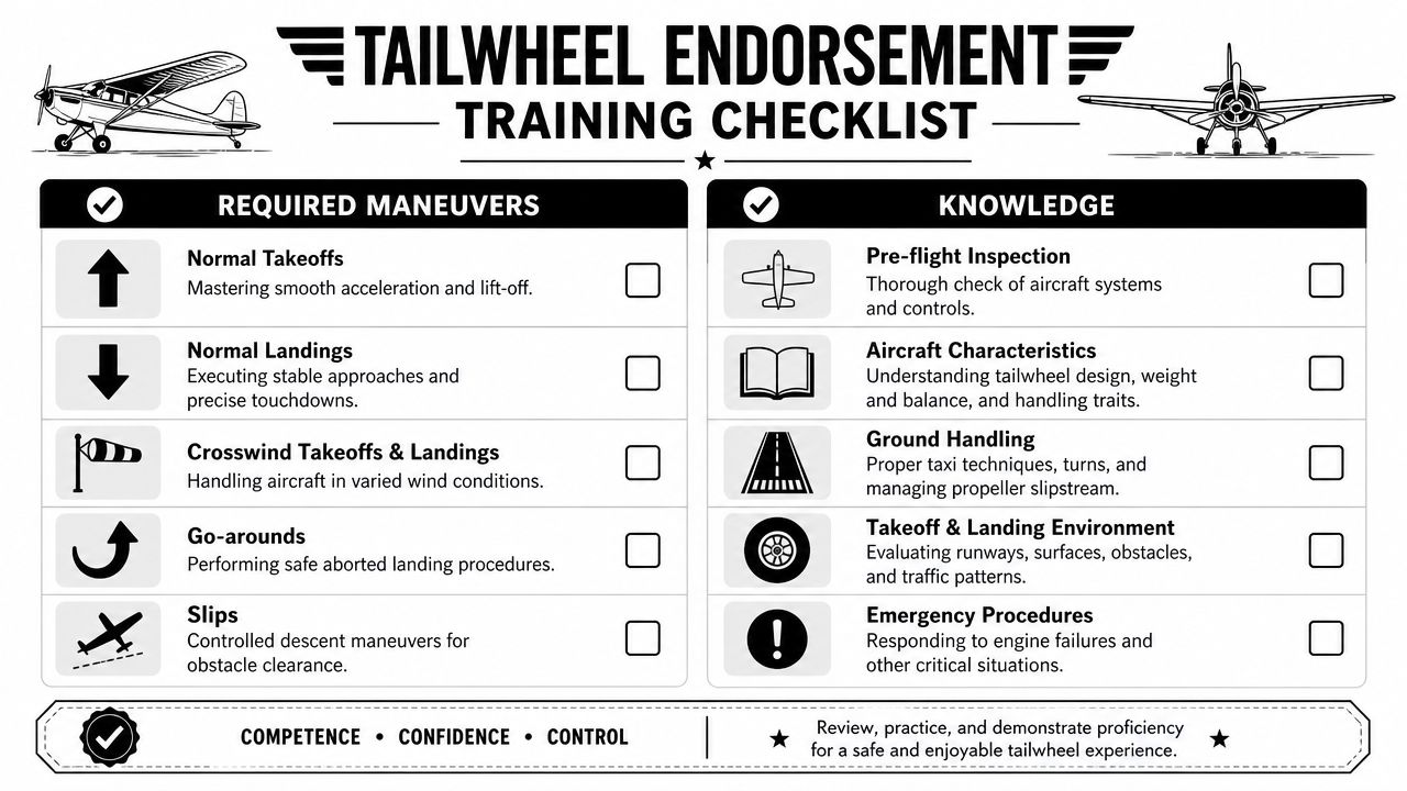 Tailwheel Endorsement Near Me: Your 2026 Chino Area Guide 3 A checklist infographic outlining required maneuvers and knowledge areas for a tailwheel endorsement training course.
