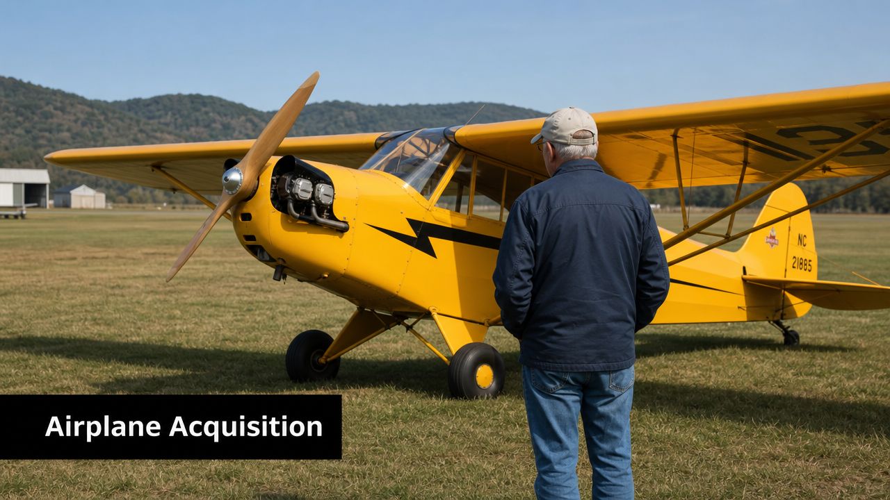 Tailwheel Endorsement Near Me: Your 2026 Chino Area Guide 5 A man stands in a grassy field looking at a vintage yellow light aircraft outdoors.