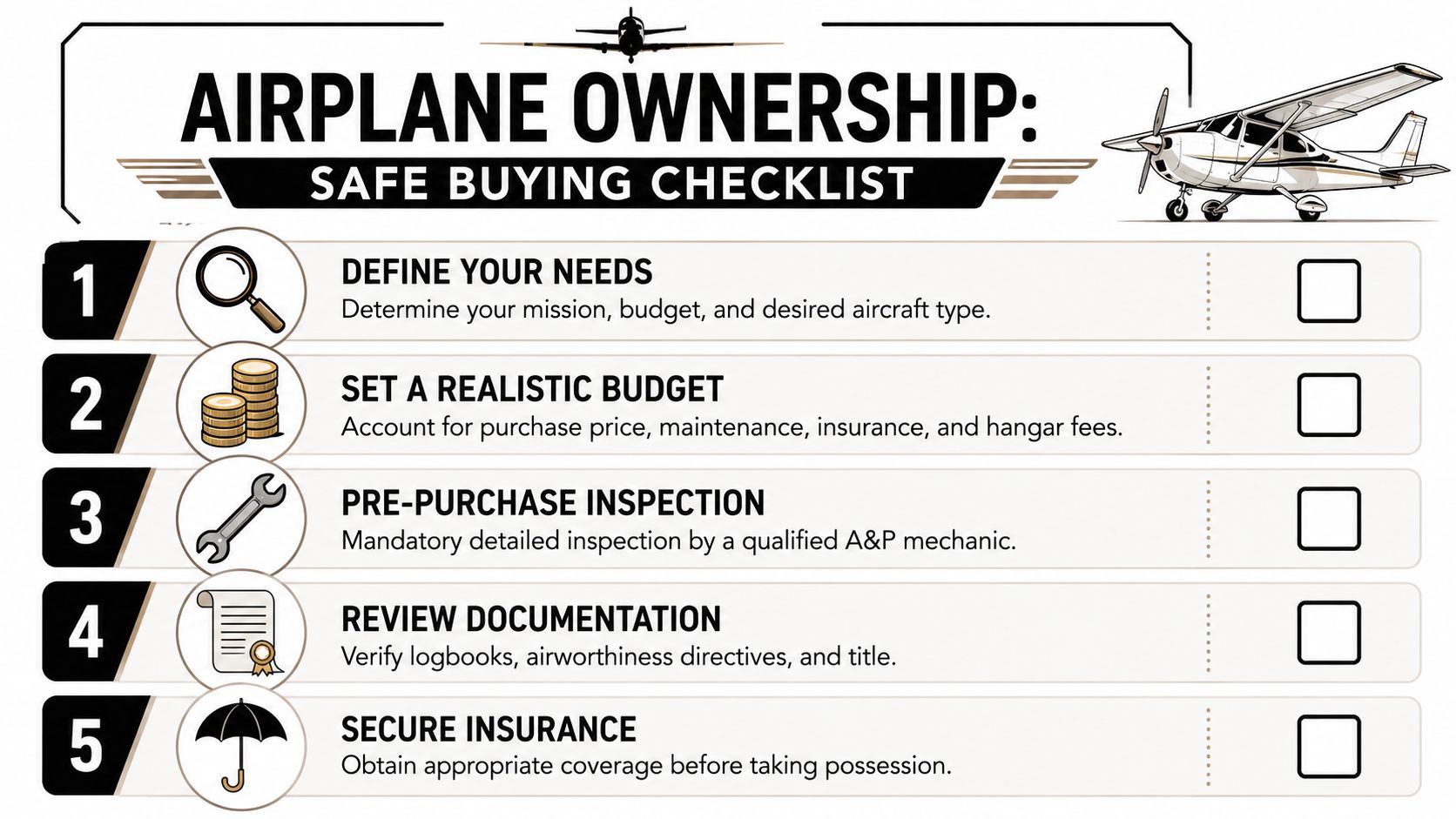 Mastering the Craft: A Tailwheel Endorsement Training Guide 5 A five-step checklist for buying an airplane, covering needs, budget, inspections, documentation, and insurance requirements.