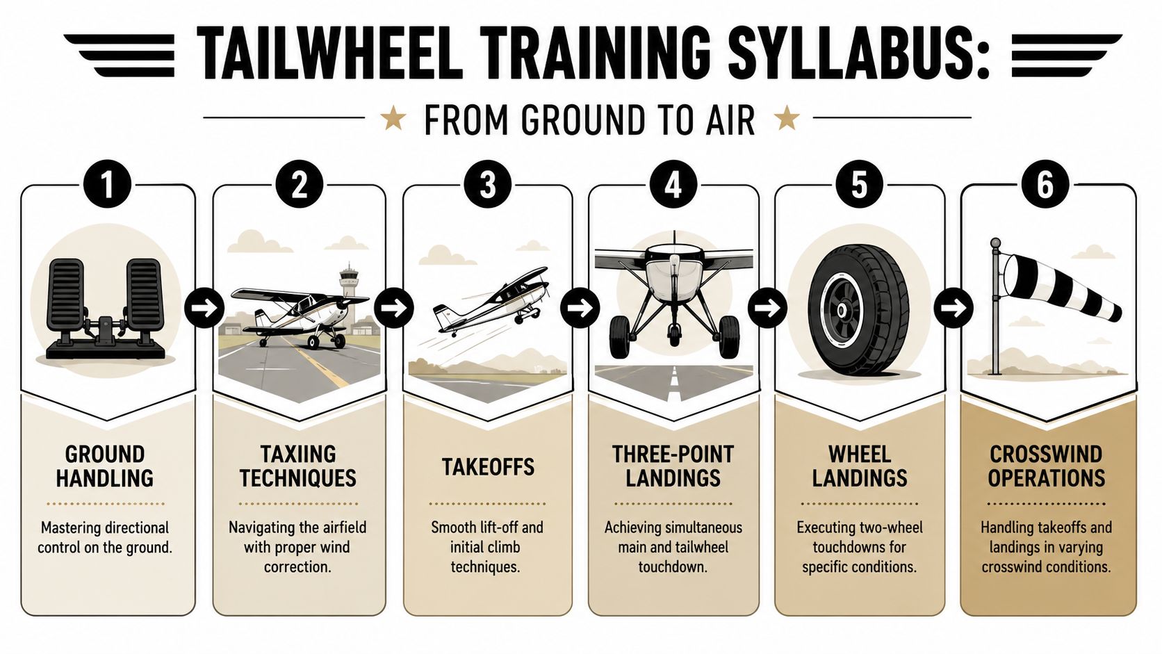 Mastering the Craft: A Tailwheel Endorsement Training Guide 3 A six-step tailwheel aircraft training syllabus infographic illustrating ground handling, taxiing, takeoffs, and various landing techniques.