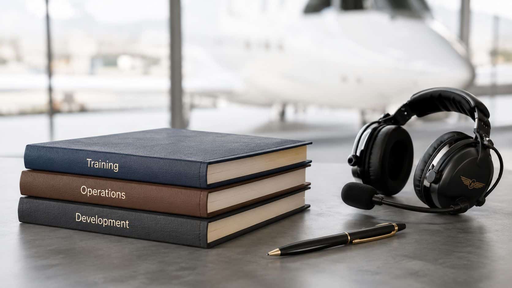 7 Pilot Workload Management Strategies for the Cockpit 3 A stack of three books labeled Training, Operations, and Development, with a headset and pen on a table.