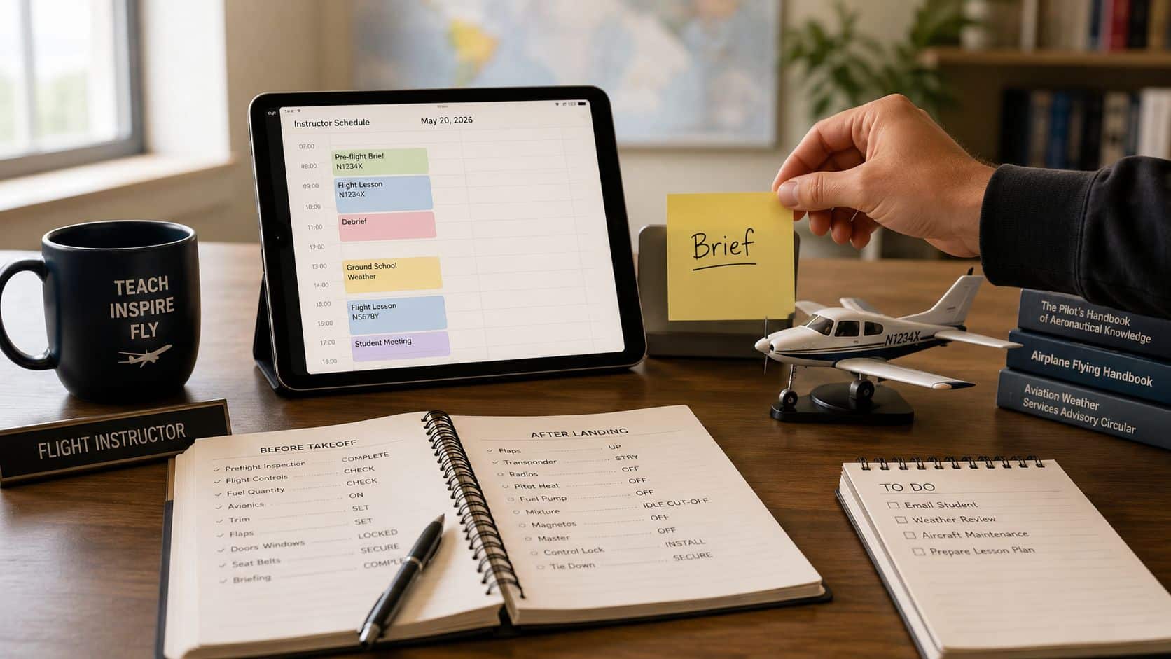 7 Pilot Workload Management Strategies for the Cockpit 2 A flight instructor's desk with a schedule, checklist, plane model, and to-do list for aviation planning.