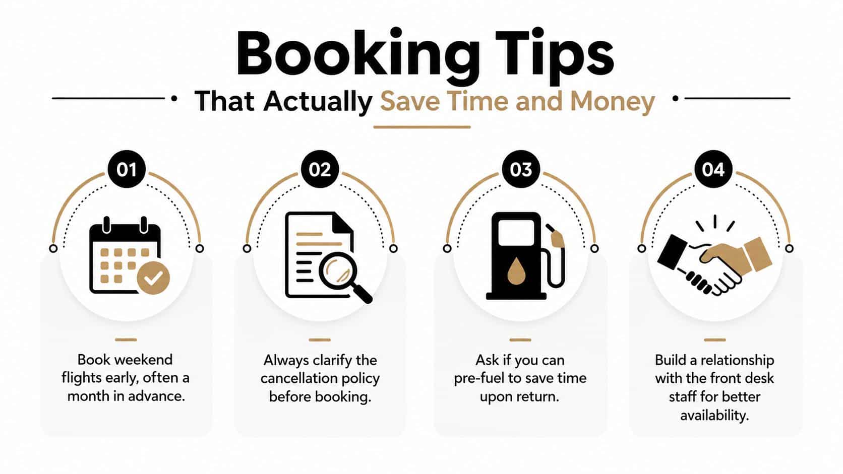 Airplane Rental Near Me: A Pilot's Practical Guide 3 An infographic showing four professional booking tips to save time and money when traveling.
