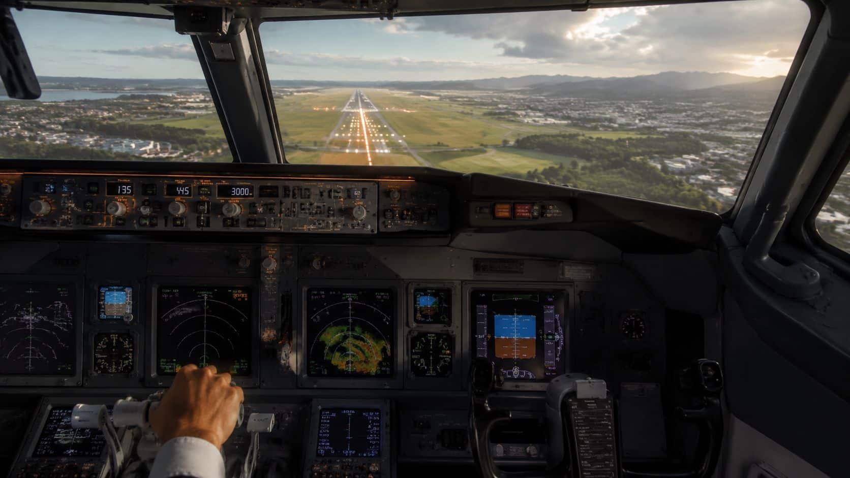 Aviation Safety Training: A Pilot's Practical Guide 4 A view from an airplane cockpit showing the pilot preparing for landing on a runway at sunset.