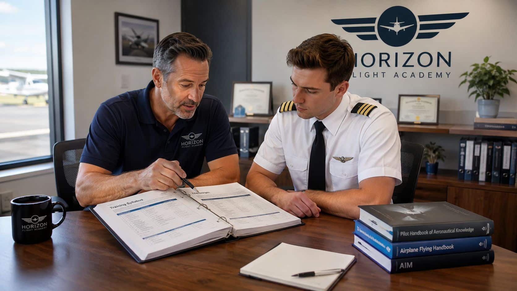 Aviation Safety Training: A Pilot's Practical Guide 5 A flight instructor guiding a young student pilot during a flight training session in an aviation academy.