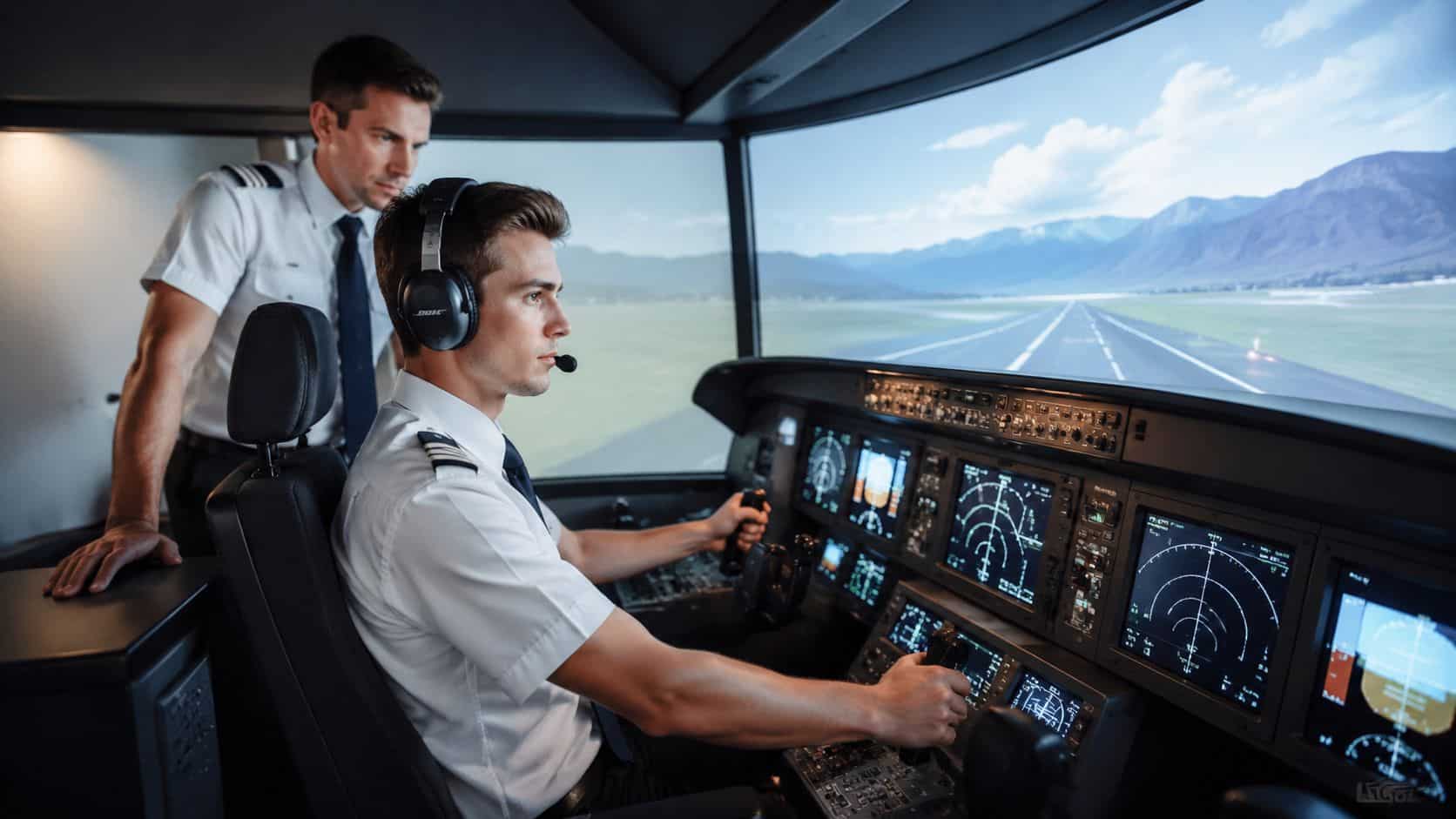 Aviation Safety Training: A Pilot's Practical Guide 2 A student pilot training in a flight simulator with an instructor overseeing the aviation exercise.