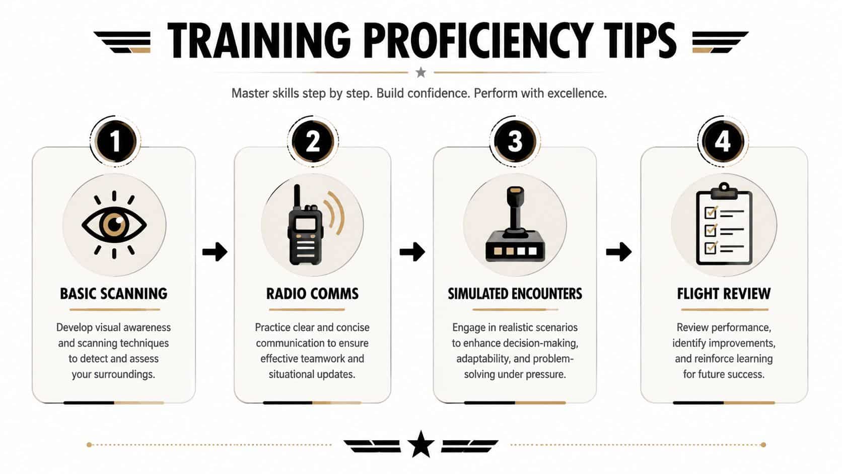Collision Avoidance Techniques: GA & Helicopter Guide 3 A training infographic detailing four essential steps for improving flight proficiency, including scanning, communication, simulation, and review.