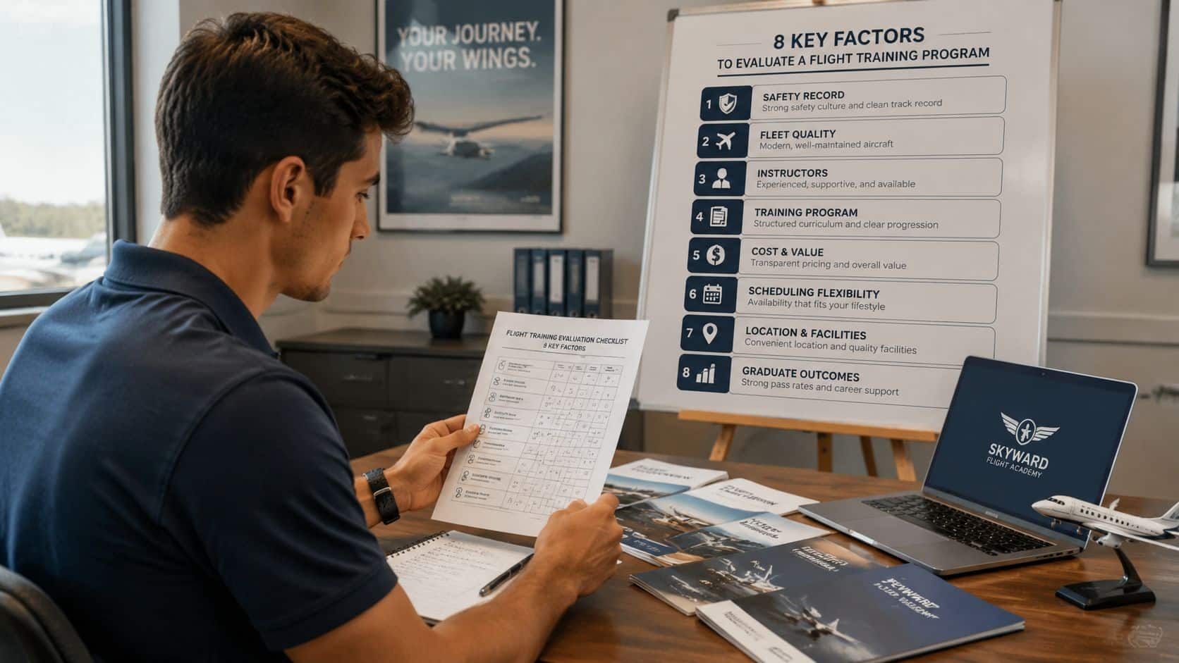 Commercial Pilot Training Programs Explained for 2026 5 A student reviewing a flight training evaluation checklist with a whiteboard listing eight key program factors.