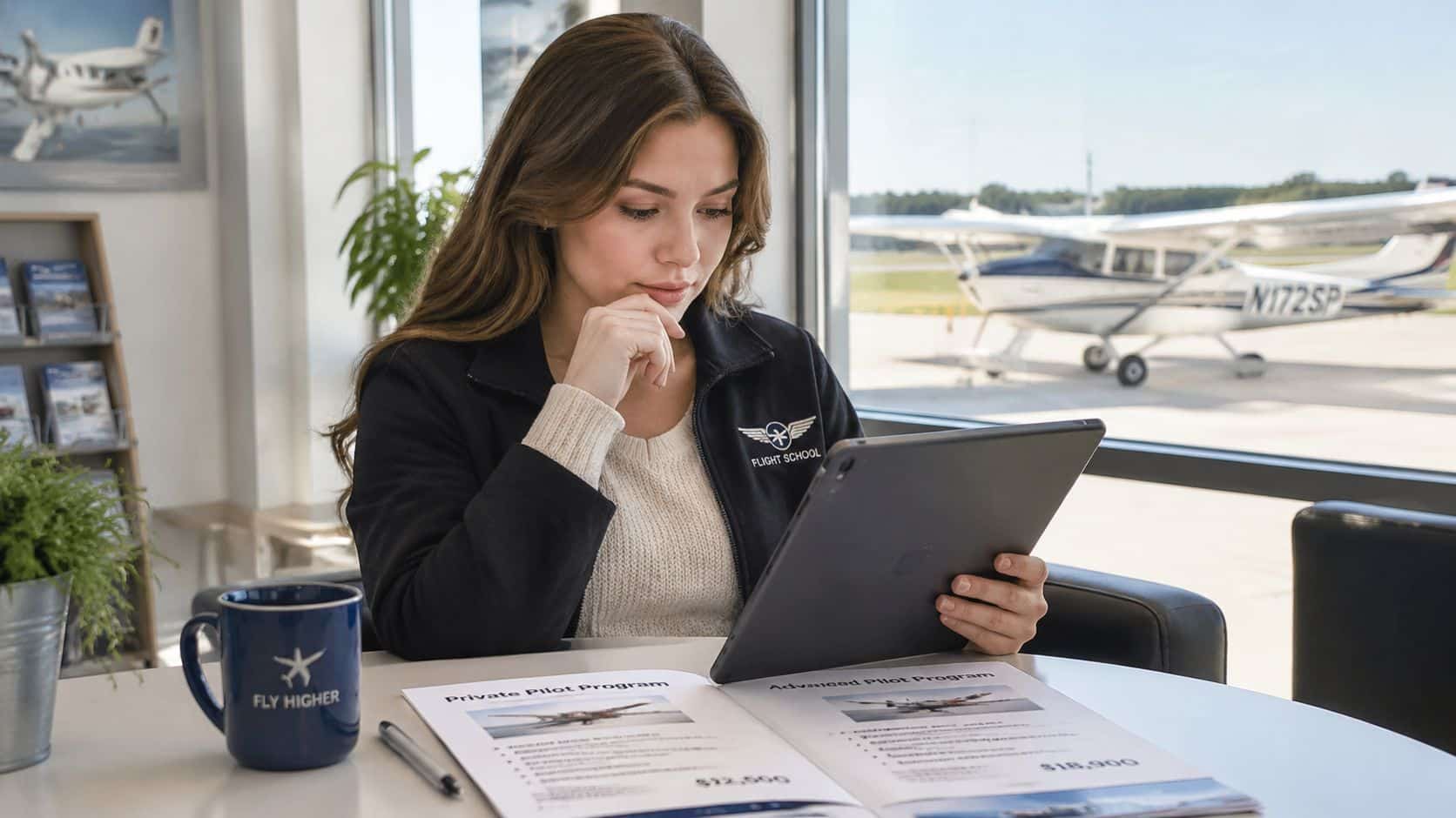 Commercial Pilot Training Programs Explained for 2026 2 A young woman sits at a desk reviewing information about flight school programs on a tablet computer.