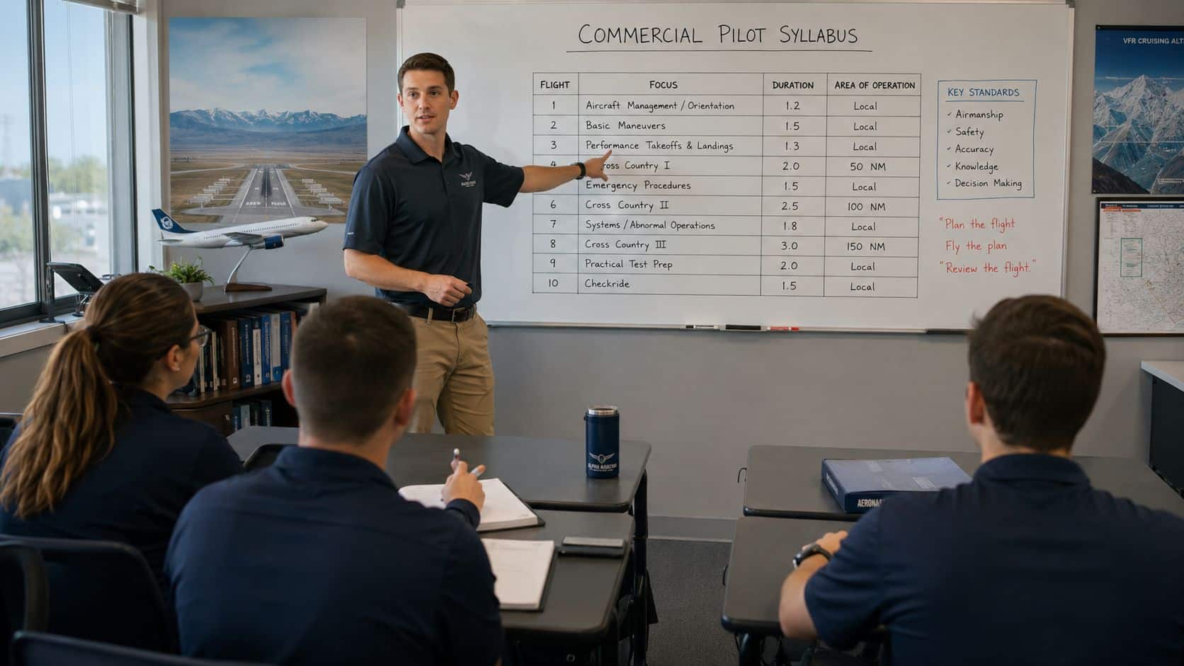 Commercial Pilot Training Programs Explained for 2026 3 A flight instructor points to a commercial pilot syllabus on a whiteboard for students in a classroom.