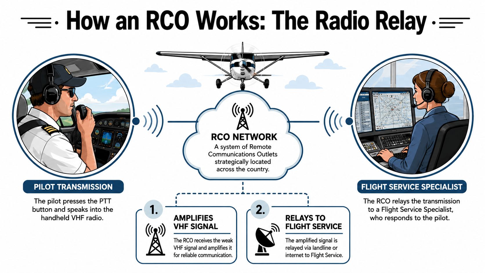 FAA Shut Down Rco's 3 A diagram illustrating how an RCO radio relay system connects aircraft pilots to flight service specialists.