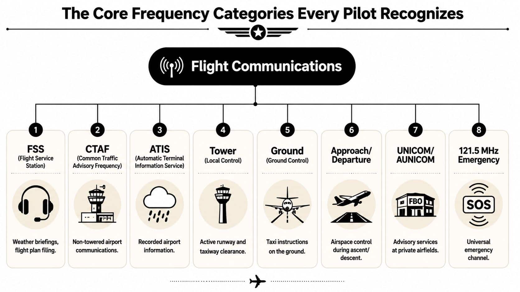 Flight Service Frequencies: A Pilot's Reference for 2026 2 A diagram illustrating the eight core communication frequency categories commonly used by pilots in aviation operations.