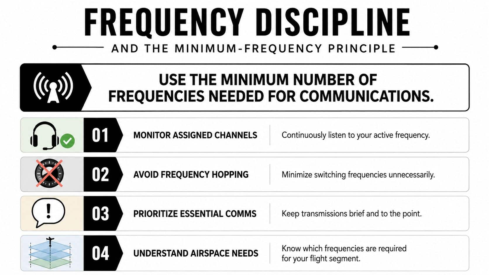 Flight Service Frequencies: A Pilot's Reference for 2026 4 An infographic titled Frequency Discipline displaying four numbered rules for efficient aviation radio communication practices.
