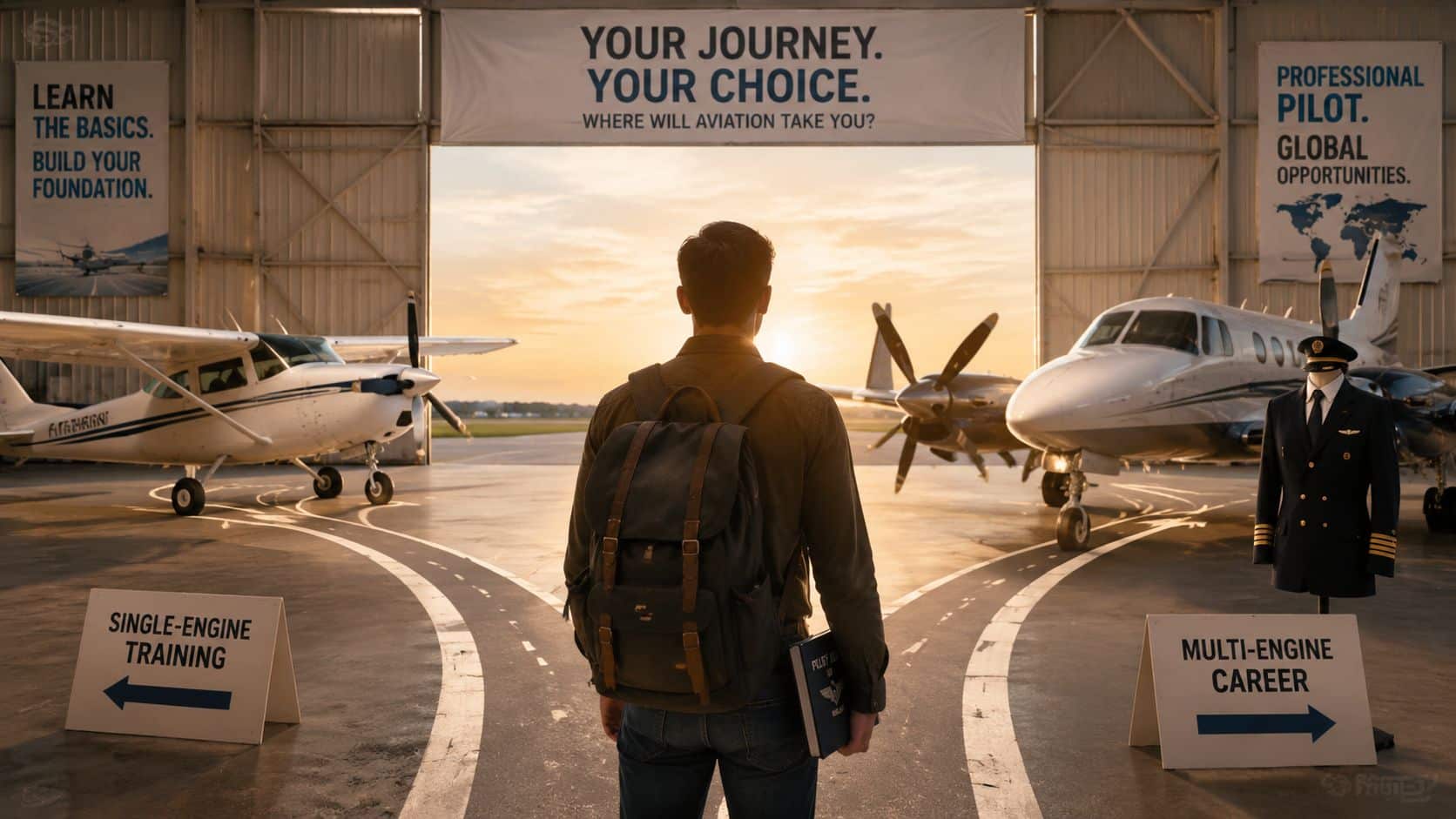 Flight Training Courses: A Complete Guide 3 A student standing at a hangar entrance deciding between single-engine flight training and a multi-engine career.
