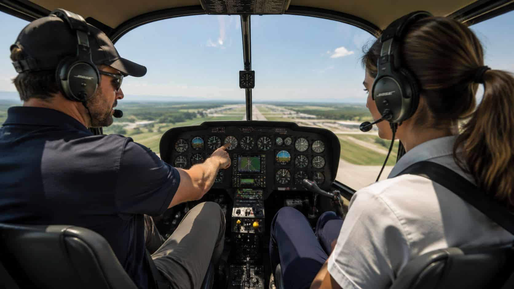 Flight Training Courses: A Complete Guide 2 A pilot and student inside a helicopter cockpit looking at flight instruments during a training flight.