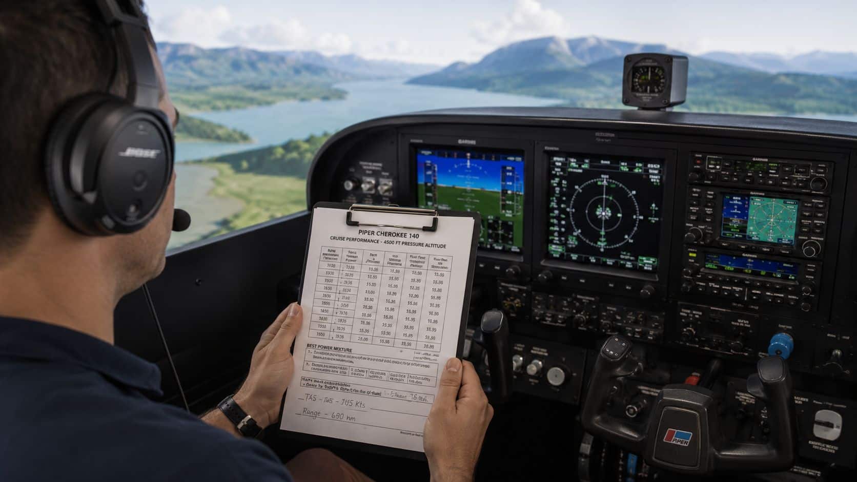 How to Calculate True Airspeed Like an Instructor 4 A pilot inside a cockpit reviewing a performance chart while monitoring flight instruments during a sunny flight.