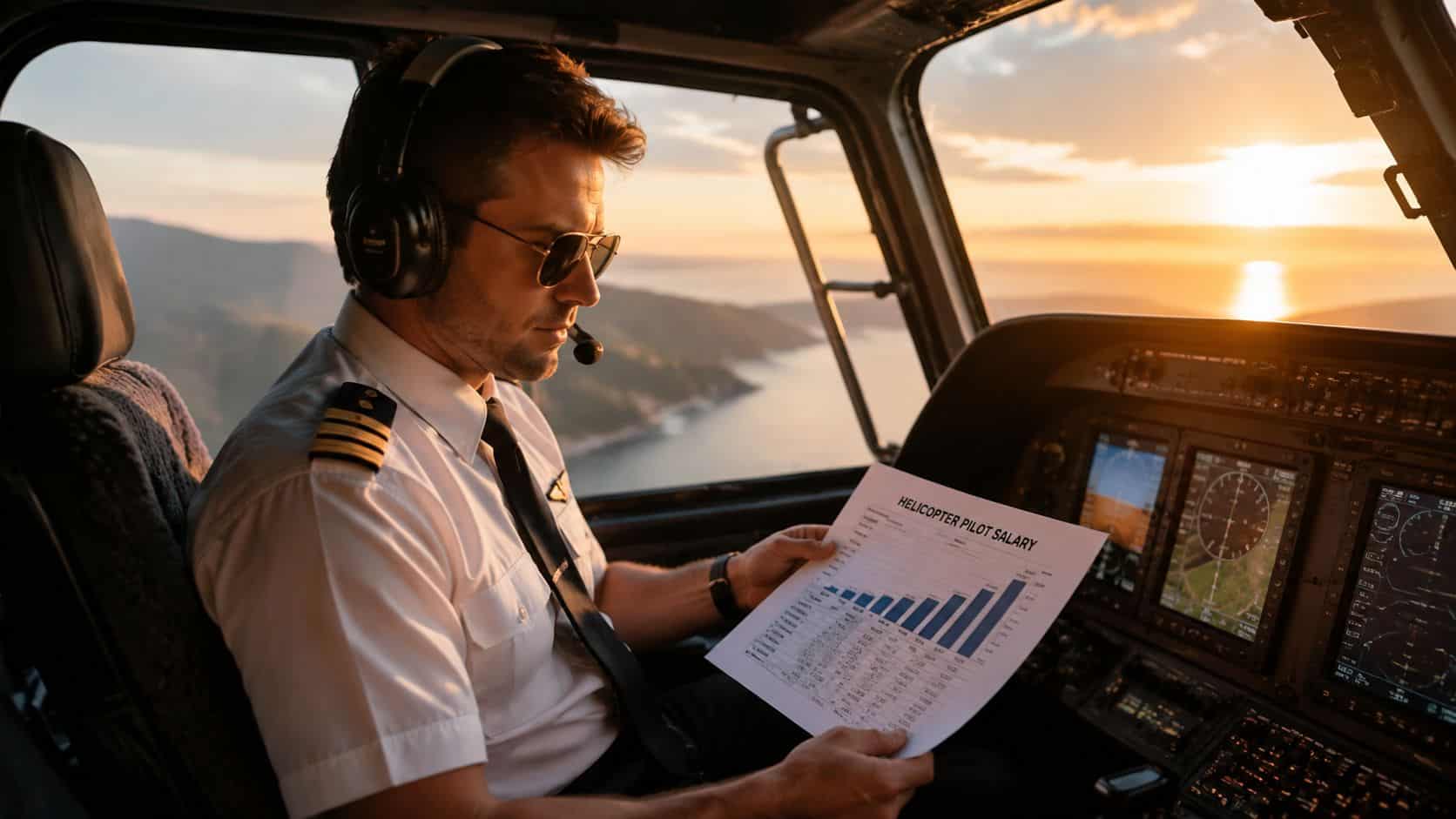 Is Becoming a Helicopter Pilot Worth It in 2026 2 A helicopter pilot wearing headphones and sunglasses examining a salary chart inside the cockpit during sunset.