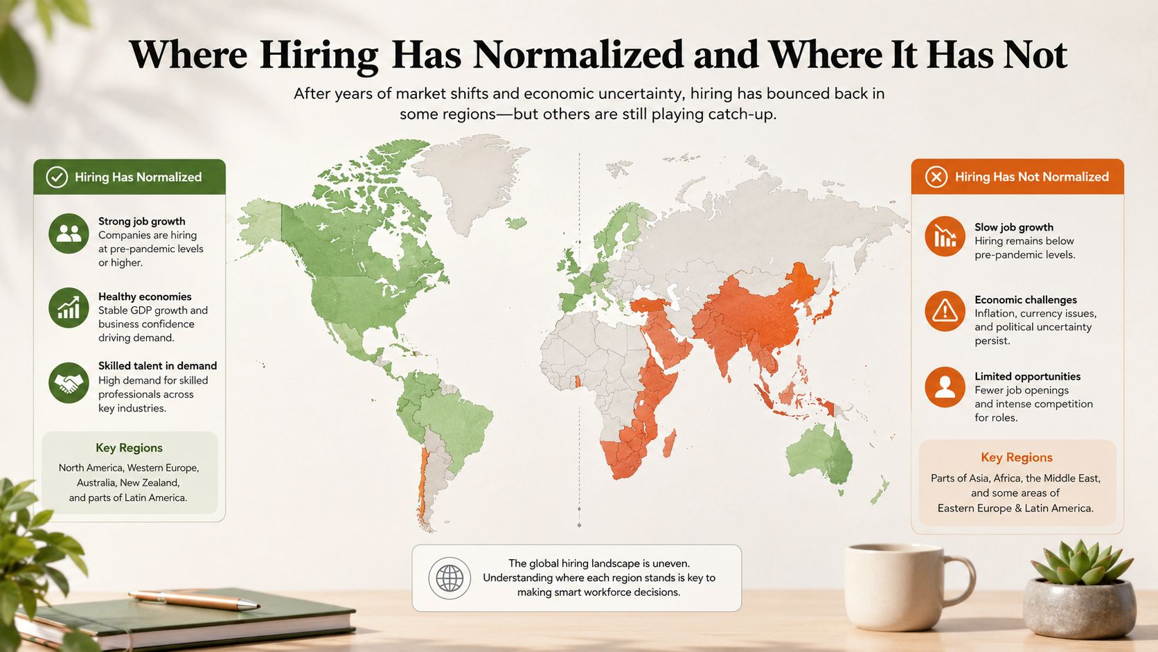 Multi Engine Pilot Jobs: Salary & Training Guide 3 A world map illustrating regions where hiring has normalized in green versus regions still struggling in orange.