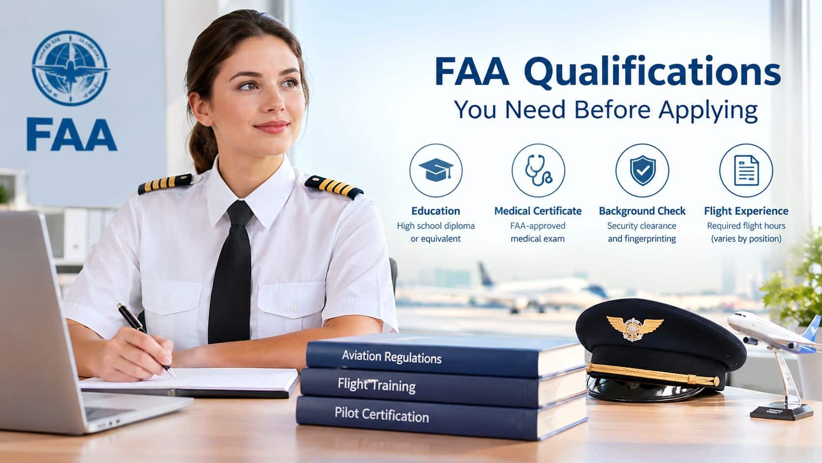 Multi Engine Pilot Jobs: Salary & Training Guide 2 A female pilot in uniform sitting at a desk studying, with infographic text listing FAA hiring qualifications.
